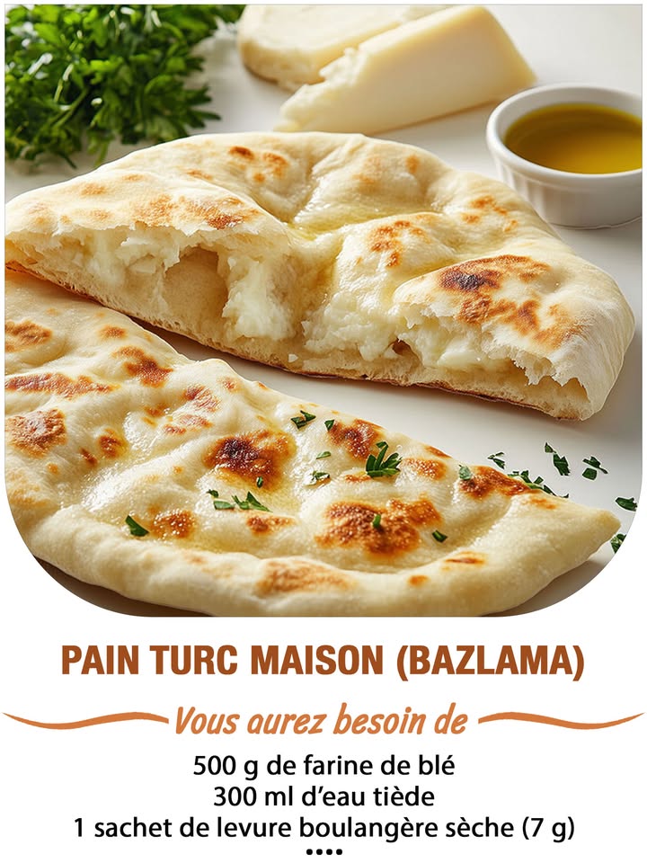 Pain Turc Maison Bazlama
Ingrédients :
500 g de farine de blé
300 ml deau tiède
1 sachet de levure boulangère sèche 7 g
1 cuillère à café de sucre
1 cuillère à café de sel
2 cuillères à soupe dhuile dolive
Un peu de farine supplémentaire pour étaler la pâte
 퐈퐥 퐟퐚퐮퐭 퐪퐮퐞 퐯퐨퐮퐬 퐞퐱퐩퐫퐢퐦퐢퐞퐳 퐪퐮퐞퐥퐪퐮퐞 퐜퐡퐨퐬퐞 퐩퐨퐮퐫 퐜퐨퐧퐭퐢퐧퐮퐞퐫 à 퐫퐞퐜퐞퐯퐨퐢퐫 퐦퐞퐬 퐫퐞퐜퐞퐭퐭퐞퐬.
. 퐌퐞퐫퐜퐢. 殺
 퐑퐞퐜퐞퐭퐭퐞 퐞퐧  퐂.ퟎ.퐌.퐌.퐄.퐍.퐓.퐀.퐈.퐑.퐄.