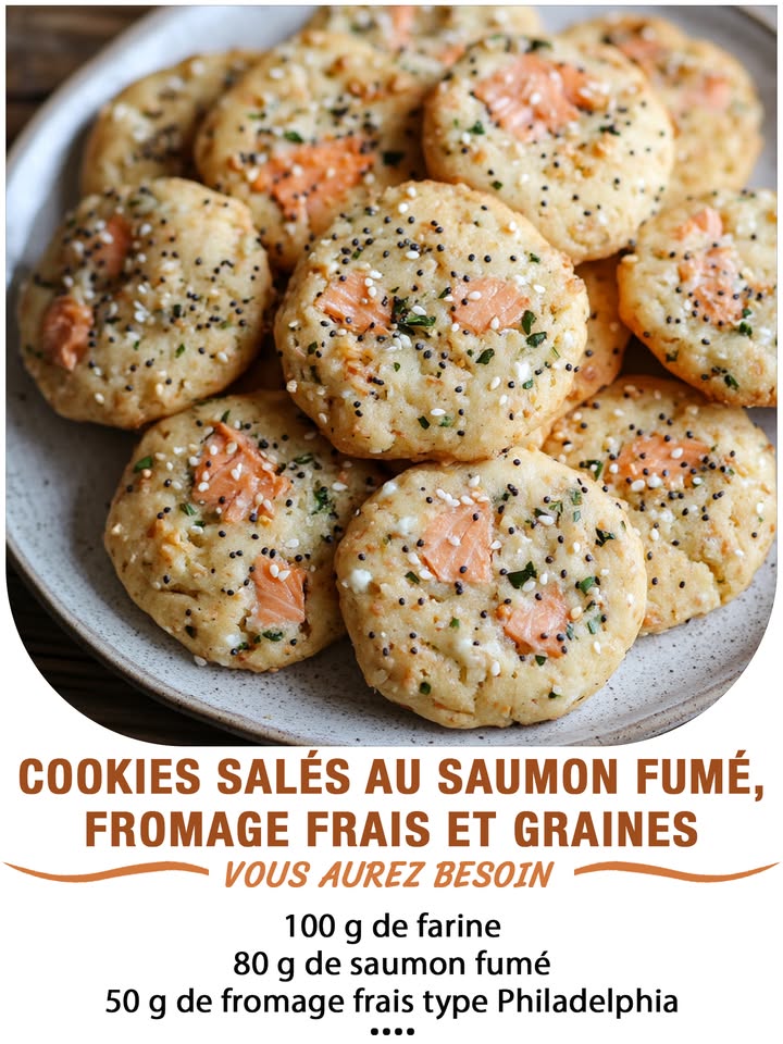 Cookies salés au saumon fumé, fromage frais et graines
Ingrédients :
100 g de farine  
1 cuillère à café de levure chimique  
60 g de beurre mou  
1 œuf  
80 g de saumon fumé coupé en petits morceaux  
50 g de fromage frais type Philadelphia  
1 cuillère à soupe de graines de pavot ou de sésame  un peu pour saupoudrer  
1 cuillère à soupe daneth ou de ciboulette ciselée  
Poivre du moulin
 퐈퐥 퐟퐚퐮퐭 퐪퐮퐞 퐯퐨퐮퐬 퐞퐱퐩퐫퐢퐦퐢퐞퐳 퐪퐮퐞퐥퐪퐮퐞 퐜퐡퐨퐬퐞 퐩퐨퐮퐫 퐜퐨퐧퐭퐢퐧퐮퐞퐫 à 퐫퐞퐜퐞퐯퐨퐢퐫 퐦퐞퐬 퐫퐞퐜퐞퐭퐭퐞퐬.
. 퐌퐞퐫퐜퐢. 殺
 퐑퐞퐜퐞퐭퐭퐞 퐞퐧  퐂.ퟎ.퐌.퐌.퐄.퐍.퐓.퐀.퐈.퐑.퐄.