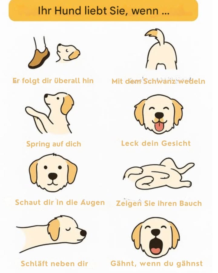 Anzeichen, dass dein Hund dich wirklich liebt 

Die besondere Beziehung zwischen Hund und Mensch zeigt sich im Alltag durch viele kleine Gesten voller Bedeutung:

 Er folgt dir überallhin  Deine Nähe beruhigt ihn. Wenn er dir von Raum zu Raum nachläuft, ist das ein Zeichen von Vertrauen und dem Bedürfnis nach Nähe.
 Er wedelt freudig mit dem Schwanz  Ein lockerer Körper und eine schwungvolle Rute zeigen seine Freude, dich zu sehen.
 Er begrüßt dich überschwänglich  Springen, kleine Hüpfer oder freudiges Umherlaufen sind Ausdruck seines Glücks, wenn du nach Hause kommst.
 Er leckt dich sanft ab  Ob Hände oder Gesicht, dieses Verhalten ist ein instinktiver Ausdruck von Zuneigung und stärkt eure Bindung.
 Er schaut dir tief in die Augen  Dieser Blickkontakt fördert die Ausschüttung von Oxytocin, dem Bindungshormon, bei Hund und Mensch.
 Er zeigt seinen Bauch  Sich auf den Rücken zu legen und den Bauch preiszugeben bedeutet großes Vertrauen und Sicherheit.
 Er schläft in deiner Nähe  Wenn er sich an deiner Seite ausruht, fühlt er sich beschützt und möchte gleichzeitig auf dich aufpassen.
 Er imitiert dein Verhalten  Gähnt er, wenn du gähnst, oder reagiert er auf deine Stimmung, zeigt das Empathie und emotionale Verbundenheit.

All diese Verhaltensweisen spiegeln echte Zuneigung, unerschütterliche Loyalität und eine reine Liebe wider, die mit jedem gemeinsamen Tag wächst. 
#fblifestyle