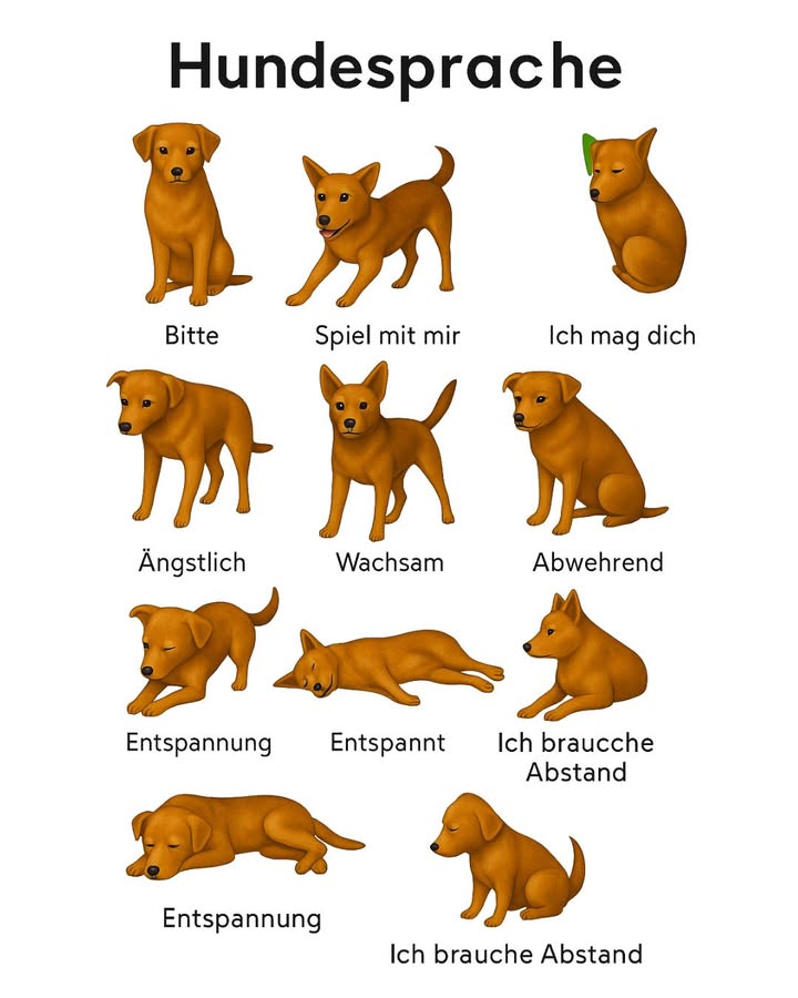 Körpersprache von Hunden: Signale verstehen 

1 Haltung
Entspannt: Kopf und Rute in neutraler Position, Ausdruck von Ruhe.
Aufmerksam: Aufgerichteter Körper, erhobener Kopf und Rute, Ausdruck von Wachsamkeit.
Defensiv: Angespannter Körper, gesenkter Kopf und Rute, bereit zu reagieren.

2 Rute
Hoch: Selbstvertrauen und Aufregung.
Tief: Unterwürfigkeit oder Unsicherheit.
Wedeln: Freude, Begeisterung oder hohe Energie abhängig vom Kontext.

3 Ohren
Nach vorn: Interesse und Neugier.
Zurückgezogen: Angst oder Unbehagen.
Hängend: Traurigkeit oder Müdigkeit.

4 Augen
Strahlend: Freude und Aufmerksamkeit.
Matt: Traurigkeit oder geringe Energie.
Starrend: Konzentration, Wachsamkeit oder manchmal Herausforderung.

Das richtige Deuten dieser Signale ermöglicht ein besseres Verständnis für die Emotionen und Absichten deines Hundes.