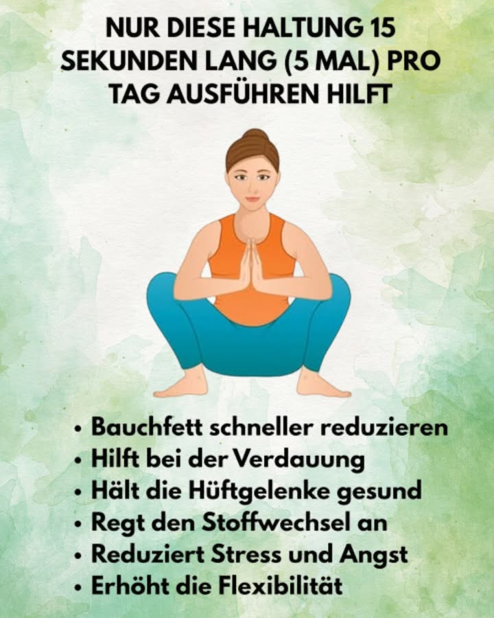 律 Die Kraft der Hockhaltung Malasana  kleine Übung, große Wirkung
Manchmal sind es die einfachsten Übungen, die den größten Unterschied für unsere Gesundheit machen. Eine davon ist die tiefe Hocke, im Yoga auch Malasana oder Garland Pose genannt. Schon wenn du diese Haltung 15 Sekunden lang, fünfmal pro Tag ausführst, kannst du erstaunliche Vorteile für Körper und Geist erleben.
 Vorteile der Hockhaltung
Bauchfett schneller reduzieren
Durch die Aktivierung der Bauchmuskeln und die Förderung der Verdauung wird der Stoffwechsel angeregt  ein wichtiger Schritt, um überschüssiges Bauchfett loszuwerden.
Hilft bei der Verdauung
Die Haltung unterstützt die Darmbewegung und kann Verstopfungen vorbeugen. In vielen Kulturen ist die tiefe Hocke eine natürliche Sitzposition beim Essen und Verdauen.
Hält die Hüftgelenke gesund
Die tiefe Beugung öffnet die Hüften, dehnt die Muskeln und erhält die Beweglichkeit  ein wichtiger Schutz vor Gelenkproblemen im Alter.
Regt den Stoffwechsel an
Malasana aktiviert große Muskelgruppen wie Beine, Rumpf und Rücken. Das kurbelt den Energieverbrauch an und bringt den Kreislauf in Schwung.
Reduziert Stress und Angst
Bewusstes Atmen in dieser Position hilft, Spannungen loszulassen und das Nervensystem zu beruhigen.
Erhöht die Flexibilität
Die Übung dehnt Rücken, Leisten, Knöchel und Oberschenkel und macht den Körper insgesamt beweglicher.
 So machst du die Hockhaltung richtig
Stelle dich mit leicht geöffneten Beinen hin, die Füße zeigen leicht nach außen.
Gehe langsam in die tiefe Hocke, bis dein Becken so nah wie möglich am Boden ist.
Bringe die Handflächen vor der Brust zusammen Gebetshaltung.
Drücke die Ellenbogen sanft gegen die Innenseiten der Knie, um die Hüften weiter zu öffnen.
Halte den Rücken gerade und atme ruhig ein und aus.
 Halte diese Position für 15 Sekunden und wiederhole sie fünfmal täglich.
 Fazit
Die Hockhaltung ist eine uralte, einfache und dennoch hochwirksame Übung. Sie braucht weder Geräte noch viel Zeit, kann aber deine Verdauung, Beweglichkeit, Stoffwechselaktivität und mentale Ausgeglichenheit verbessern. Ein kleiner Schritt am Tag  mit spürbar großem Nutzen für deine Gesundheit.