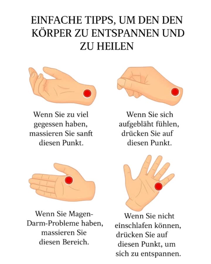 Einfache Tipps zur Entspannung und Heilung des Körpers
In der heutigen, oft hektischen Welt suchen viele Menschen nach natürlichen Methoden, um sich zu entspannen und kleine Beschwerden zu lindern  ohne Medikamente oder aufwendige Behandlungen. Eine sanfte, aber wirkungsvolle Methode ist die Akupressur, eine alte Technik, die durch Druck auf bestimmte Punkte des Körpers das Wohlbefinden fördert.
 Was ist Akupressur?
Akupressur stammt aus der traditionellen chinesischen Medizin und basiert auf der Vorstellung, dass die Lebensenergie, auch Qi genannt, durch bestimmte Energiebahnen im Körper fließt. Wenn dieser Fluss blockiert ist, kann es zu Unwohlsein oder Krankheit kommen. Durch das Drücken bestimmter Punkte sollen diese Blockaden gelöst und die Selbstheilungskräfte des Körpers aktiviert werden.
 Nach dem Essen: Druckpunkt zur Verdauungsunterstützung
Wenn Sie zu viel gegessen haben oder sich schwer fühlen, hilft ein sanftes Massieren des Punktes an der Innenseite des Unterarms, etwa drei Fingerbreit vom Handgelenk entfernt. Dieser Punkt stimuliert die Verdauungsorgane und kann das Völlegefühl reduzieren.
 Gegen Blähungen: Druckpunkt am Handgelenk
Bei einem aufgeblähten Bauch oder innerer Spannung kann ein leichter Druck auf den Bereich zwischen Daumen und Zeigefinger Wunder wirken. Halten Sie diesen Punkt einige Sekunden lang gedrückt und atmen Sie tief ein  dies kann helfen, Spannungen zu lösen und die Verdauung zu beruhigen.
 Bei Magen-Darm-Beschwerden: Punkt in der Handfläche
Wenn Sie unter Magen- oder Darmproblemen leiden, massieren Sie sanft die Mitte Ihrer Handfläche. Diese Zone steht in Verbindung mit dem Magen-Darm-Trakt und kann helfen, Beschwerden wie Übelkeit, Sodbrennen oder Krämpfe zu lindern.
 Für besseren Schlaf: Punkt am kleinen Finger
Schlafstörungen sind heutzutage sehr verbreitet. Wenn Sie nicht einschlafen können, drücken Sie leicht auf den Punkt an der Außenseite des kleinen Fingers. Diese Stelle ist mit dem Herz- und Nervensystem verbunden und kann helfen, innere Unruhe zu reduzieren und den Geist zu beruhigen.
 Warum diese Methode wirkt
Akupressur wirkt durch sanfte Stimulation der Nervenenden und kann die Durchblutung verbessern, die Muskeln entspannen und das Nervensystem beruhigen. Außerdem kann sie das Bewusstsein für den eigenen Körper stärken und ein Gefühl von Kontrolle und Ruhe vermitteln.
 Wichtige Hinweise
Diese Tipps sind keine medizinische Behandlung, sondern natürliche Hilfsmittel zur Unterstützung des Wohlbefindens. Wenn Beschwerden länger anhalten oder stärker werden, sollten Sie unbedingt einen Arzt oder Therapeuten aufsuchen.
 Fazit
Mit wenigen Handgriffen können Sie auf einfache Weise Spannungen lösen, die Verdauung fördern und sogar Ihren Schlaf verbessern. Akupressur erfordert keine Geräte oder Medikamente  nur ein paar Minuten Zeit und Achtsamkeit für Ihren Körper.
 Probieren Sie diese sanften Druckpunkte aus und beobachten Sie, wie Ihr Körper reagiert  oft reichen schon kleine Gesten, um sich deutlich wohler zu fühlen.