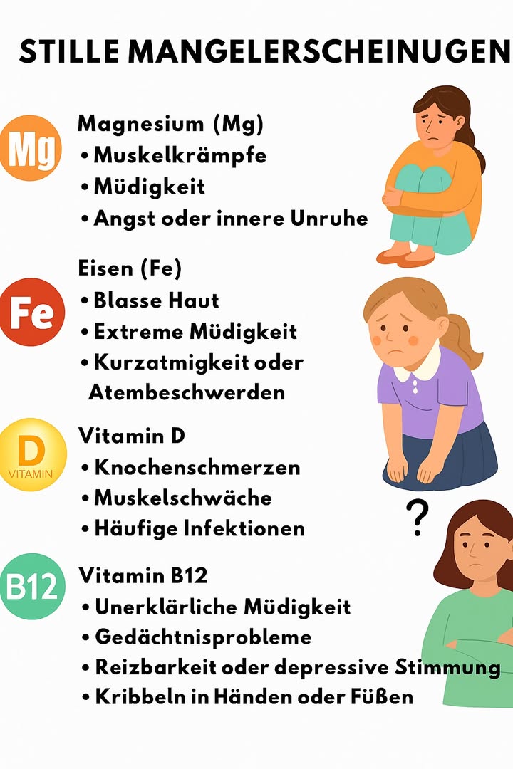 Verborgene Nährstoffmängel  und wie man sie erkennt 復
Viele Menschen leiden unter Vitamin- oder Mineralstoffmängeln, ohne es zu bemerken. Die Symptome sind oft unspezifisch und werden leicht mit Stress, Müdigkeit oder schlechtem Schlaf verwechselt. Genau deshalb nennt man sie stille Mängel.
Magnesium Mg 
Muskelkrämpfe
Müdigkeit
Innere Unruhe
Magnesium wird bei Stress vermehrt verbraucht. Eine Ernährung mit Nüssen, Vollkornprodukten und grünem Gemüse kann helfen, den Bedarf zu decken.
Eisen Fe 
Blasse Haut
Starke Erschöpfung
Kurzatmigkeit bei Belastung
Eisen ist entscheidend für den Sauerstofftransport im Blut. Besonders Frauen und Menschen, die wenig Fleisch essen, sind häufig betroffen.
Vitamin D 
Muskelschwäche
Häufige Infekte
Knochenschmerzen
Vitamin D wird überwiegend durch Sonnenlicht gebildet. In den Wintermonaten kann daher schnell ein Mangel entstehen.
Vitamin B12 
Müdigkeit trotz ausreichend Schlaf
Stimmungsschwankungen
Kribbeln in Händen oder Füßen
Vitamin B12 findet sich fast ausschließlich in tierischen Lebensmitteln. Veganer und ältere Menschen sind daher besonders gefährdet.
 Fazit
Stille Mängel bleiben oft lange unentdeckt, können aber das allgemeine Wohlbefinden deutlich beeinträchtigen. Wer bestimmte Symptome häufiger an sich bemerkt, sollte diese ernst nehmen und gegebenenfalls einen Bluttest machen lassen. Eine ausgewogene Ernährung und gezielte Ergänzung können viel zur Gesundheit beitragen.