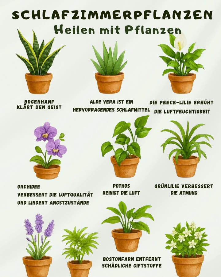 Schlaue Pflanzen für dein Schlafzimmer 

Wusstest du, dass du mit Zimmerpflanzen nicht nur dein Zuhause verschönern, sondern auch für ein besseres Raumklima sorgen kannst? Hier sind ein paar Pflanzentipps, die deine Schlafqualität verbessern und gleichzeitig gut für die Luft sind:

1 Bogenhanf Sansevieria  Diese Pflanze hilft dabei, den Geist zu klären und ist besonders pflegeleicht. Perfekt für alle, die keine grünen Daumen haben! 

2 Aloe Vera  Aloe Vera ist nicht nur ein natürliches Schlafmittel, sondern hilft auch dabei, deine Haut zu beruhigen. Hast du schon mal versucht, ein wenig Aloe Gel vor dem Schlafengehen aufzutragen? Zieht gut ein! 

3 Peace-Lilie  Diese Pflanze steigert die Luftfeuchtigkeit, was besonders gut für trockene Luft im Winter ist. Hast du schon bemerkt, wie angenehm es ist, eine frische Pflanze neben dem Bett zu haben? 

4 Orchidee  Orchideen verbessern die Luftqualität und lindern Angstzustände. Sie sorgen für einen Hauch von Eleganz in deinem Raum und eine beruhigende Atmosphäre. 

5 Pothos Efeutute  Diese Pflanze reinigt die Luft und ist fast unzerstörbar. Wenn du also mal einen kleinen grünen Daumenfehler machst, keine Sorge! 

6 Grünlilie  Sie sorgt für eine bessere Atmung und fügt gleichzeitig eine spritzige Frische deinem Schlafzimmer hinzu. Eine tolle Pflanze für dein Wohlbefinden! 

7 Lavendel  Diese Pflanze hilft nicht nur beim Einschlafen, sondern sorgt auch für einen wunderbaren Duft in deinem Zimmer. Eine perfekte Kombination aus Schönheit und Nutzen! 

8 Bostonfarn  Ein wahrer Luftreiniger! Diese Pflanze entfernt schädliche Giftstoffe aus der Luft und ist daher ein Must-Have für eine gesunde Umgebung. 

Wenn du das nächste Mal in dein Schlafzimmer gehst, achte darauf, wie diese Pflanzen deine Umgebung beeinflussen  du wirst erstaunt sein!