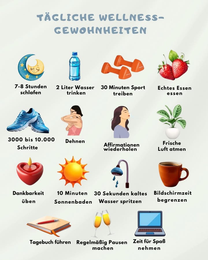 Tägliche Wellness-Gewohnheiten für ein besseres Wohlbefinden 

Möchtest du dich fitter und ausgeglichener fühlen? Hier sind einige tägliche Wellness-Gewohnheiten, die du ganz einfach in deinen Alltag integrieren kannst! 

1 7-8 Stunden schlafen
Schlaf ist super wichtig für dein Wohlbefinden. Ich weiß, der Versuch, bis spät in die Nacht zu arbeiten oder zu schauen, was auf Netflix los ist, ist verlockend, aber ein erholsamer Schlaf hilft dir, am nächsten Tag voller Energie zu sein. 

2 2 Liter Wasser trinken
Klingt wie eine Menge, oder? Aber hey, es ist machbar! Stell dir einfach vor, du gießt deinen Körper wie eine Pflanze. 

3 30 Minuten Sport treiben
Es muss nicht immer ein intensives Workout sein. Ein flotter Spaziergang reicht oft schon aus, um deinen Kreislauf in Schwung zu bringen! 

4 Echtes Essen essen
Verarbeite weniger und genieße mehr natürliche Lebensmittel. Deine Energie wird es dir danken! 復

5 3000 bis 10.000 Schritte gehen
Nicht nur für Fitness-Freaks  ein paar Schritte hier und da können Wunder wirken. Wenn du dein Smartphone dabei hast, kannst du sogar deine Schritte zählen! 

6 Dehnen
Bevor du dich mit deinem Kaffee hinsetzt, nimm dir ein paar Minuten Zeit, um deinen Körper zu dehnen. Es tut gut und hilft dir, den Tag mit einem frischen Gefühl zu starten! 露

7 Affirmationen wiederholen
Positive Gedanken können Wunder wirken. Probier es mal mit “Ich schaffe das!”  es hilft dir, den Tag mit Zuversicht zu beginnen. 

8 Frische Luft atmen
Selbst wenn du den ganzen Tag drinnen arbeitest, öffne ein Fenster und atme tief durch. Ein frischer Luftzug kann Wunder für dein Wohlbefinden tun. 

9 Dankbarkeit üben
Manchmal vergessen wir, dankbar für die kleinen Dinge zu sein. Versuch es doch mal: “Ich bin dankbar für den Kaffee, der mich wach macht!” 

 10 Minuten Sonnenbaden
Die Sonne tut gut  aber denk daran, immer Sonnencreme zu benutzen! Du willst nicht nur Vitamin D, sondern auch vor einem Sonnenbrand geschützt bleiben. 

11 30 Sekunden kaltes Wasser spritzen
Klingt verrückt? Ist aber erfrischend! Ein kaltes Wasserbad am Ende der Dusche regt den Kreislauf an und macht dich wacher. 

12 Bildschirmzeit begrenzen
Ja, ich weiß, der Bildschirm ist oft ein fester Begleiter. Aber versuche, deine Zeit vor dem Bildschirm zu reduzieren. Deine Augen und dein Geist werden es dir danken! 

13 Tagebuch führen
Schreibe jeden Tag ein paar Sätze darüber, was du erlebt hast. Du wirst erstaunt sein, wie es dir hilft, deine Gedanken zu ordnen. 

14 Regelmäßig Pausen machen
Hast du schon mal den Fehler gemacht, stundenlang durchzuarbeiten? Mach es anders  plane Pausen ein, um den Kopf frei zu bekommen. 易

15 Zeit für Spaß nehmen
Und schließlich: Vergiss nicht, dir Zeit für die Dinge zu nehmen, die du liebst! Du verdienst es, auch mal zu entspannen und Spaß zu haben. 

Diese Tipps sind keine Raketenwissenschaft, aber sie machen einen großen Unterschied im täglichen Wohlbefinden. Probier ein paar aus und schau, wie du dich fühlst!