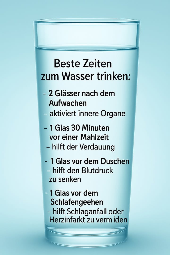 Beste Zeiten zum Wassertrinken 

1 Nach dem Aufwachen
Zwei Gläser Wasser am Morgen aktivieren die inneren Organe und bereiten den Körper auf den Tag vor.

2 Vor den Mahlzeiten
Ein Glas etwa 30 Minuten vor dem Essen unterstützt die Verdauung und sorgt für eine bessere Aufnahme der Nährstoffe.

3 Vor dem Duschen
Ein Glas Wasser vor dem Duschen hilft, den Blutdruck zu stabilisieren und den Kreislauf zu entlasten.

4 Vor dem Schlafengehen
Ein Glas Wasser am Abend kann das Risiko von Schlaganfall und Herzinfarkt verringern und den Körper über Nacht hydratisiert halten.

#Gesundheit #Wassertrinken