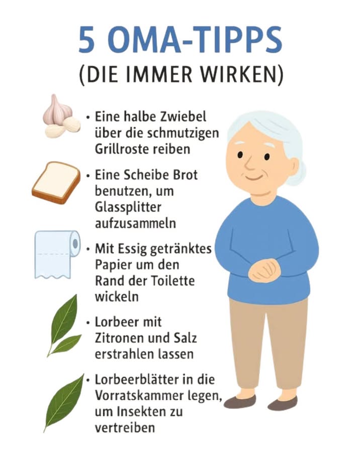 5 Oma-Tricks, die immer funktionieren 陸
Omas haben ein unglaubliches Talent dafür, einfache Hausmittel zu finden, die wirklich wirken  ganz ohne Chemie oder teure Produkte. Diese fünf klassischen Haushaltstricks sind nicht nur genial, sondern auch nachhaltig und leicht umzusetzen.
暈 1. Zwiebel gegen Grillverschmutzung
Reibe eine halbe Zwiebel über die schmutzigen Grillroste  die natürliche Säure entfernt Fett und Verkrustungen, und der Grill glänzt wieder wie neu.
 2. Brotscheibe zum Aufsammeln von Glasscherben
Wenn ein Glas zerbricht, drücke vorsichtig eine Scheibe Brot auf die betroffene Stelle. Das weiche Brot nimmt selbst kleinste Splitter auf, die man sonst leicht übersieht.
 3. Essigpapier für die Toilette
Wickle Toilettenpapier, das in Essig getränkt ist, um den Rand der Toilette. Lass es einige Stunden einwirken  Kalk, Schmutz und Bakterien verschwinden fast von selbst.
 4. Kupfer glänzen lassen
Mische Zitronensaft und Salz zu einer Paste und reibe damit deine Kupfergegenstände ab. Nach kurzem Polieren glänzt das Metall wie neu  ganz ohne aggressive Reinigungsmittel.
 5. Lorbeerblätter gegen Insekten
Lege einige Lorbeerblätter in den Vorratsschrank. Ihr natürlicher Duft vertreibt Insekten wie Motten oder Ameisen, ohne Gift oder Fallen zu benötigen.
 Fazit
Diese zeitlosen Hausmittel zeigen, dass Omas Ratschläge oft die besten sind: einfach, natürlich und wirkungsvoll. Mit nur wenigen Zutaten aus Küche oder Garten kannst du dein Zuhause sauber, frisch und hygienisch halten  ganz im Sinne traditioneller Weisheit.