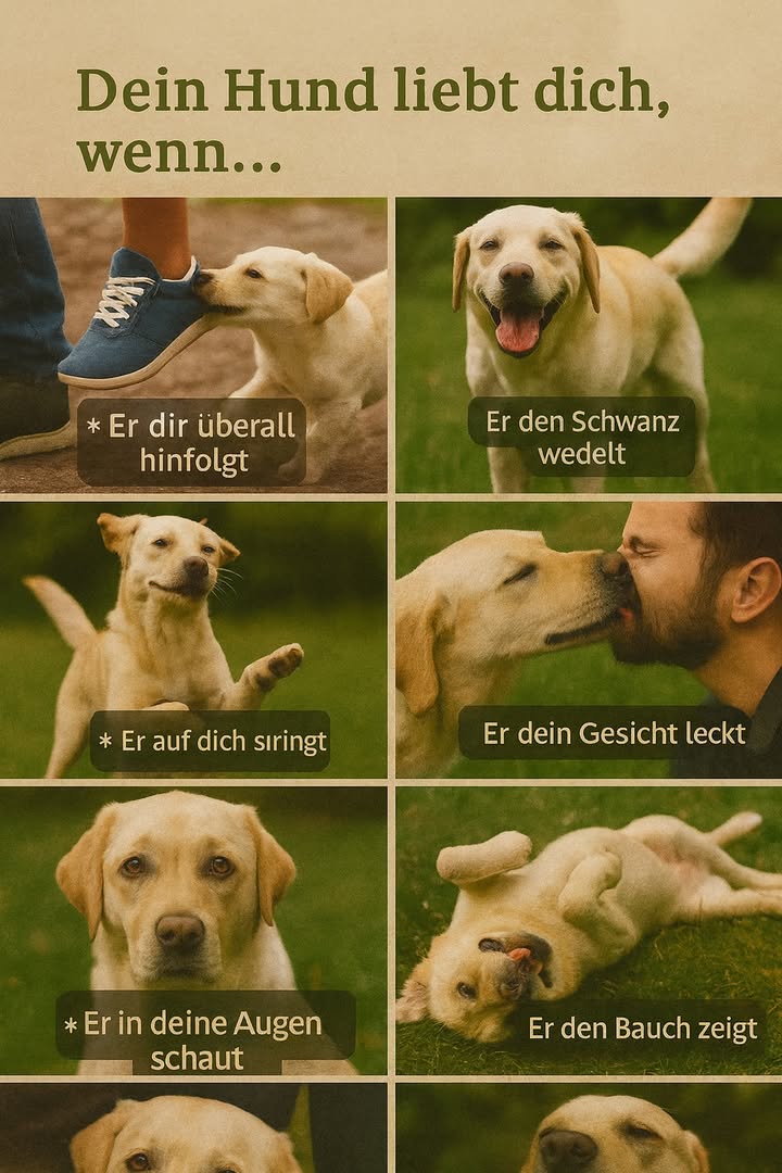 Zeichen, dass dein Hund dich wirklich liebt 

1 Er folgt dir überall hin  einfach, weil er deine Nähe liebt.
2 Er wedelt freudig mit dem Schwanz, sobald du in der Nähe bist.
3 Er springt begeistert an dir hoch, um dich zu begrüßen.
4 Er leckt dein Gesicht, um seine Zuneigung zu zeigen.
5 Er schaut dir tief in die Augen und schafft eine besondere Verbindung.
6 Er zeigt dir seinen Bauch  ein Zeichen von absolutem Vertrauen.
7 Er schläft an deiner Seite, um sich sicher zu fühlen.
8 Er gähnt, wenn du gähnst  das zeigt eure enge Bindung.

 Jede dieser Gesten verrät reine Liebe, Loyalität und echte Verbundenheit.
#fblifestyle