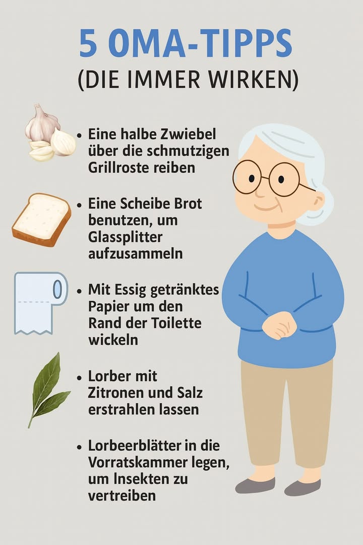 5 Oma-Tricks, die immer funktionieren 陸

Omas haben ein unglaubliches Talent dafür, einfache Hausmittel zu finden, die wirklich wirken  ganz ohne Chemie oder teure Produkte. Diese fünf klassischen Haushaltstricks sind nicht nur genial, sondern auch nachhaltig und leicht umzusetzen.

暈 1. Zwiebel gegen Grillverschmutzung

Reibe eine halbe Zwiebel über die schmutzigen Grillroste  die natürliche Säure entfernt Fett und Verkrustungen, und der Grill glänzt wieder wie neu.

 2. Brotscheibe zum Aufsammeln von Glasscherben

Wenn ein Glas zerbricht, drücke vorsichtig eine Scheibe Brot auf die betroffene Stelle. Das weiche Brot nimmt selbst kleinste Splitter auf, die man sonst leicht übersieht.

 3. Essigpapier für die Toilette

Wickle Toilettenpapier, das in Essig getränkt ist, um den Rand der Toilette. Lass es einige Stunden einwirken  Kalk, Schmutz und Bakterien verschwinden fast von selbst.

 4. Kupfer glänzen lassen

Mische Zitronensaft und Salz zu einer Paste und reibe damit deine Kupfergegenstände ab. Nach kurzem Polieren glänzt das Metall wie neu  ganz ohne aggressive Reinigungsmittel.

 5. Lorbeerblätter gegen Insekten

Lege einige Lorbeerblätter in den Vorratsschrank. Ihr natürlicher Duft vertreibt Insekten wie Motten oder Ameisen, ohne Gift oder Fallen zu benötigen.

 Fazit

Diese zeitlosen Hausmittel zeigen, dass Omas Ratschläge oft die besten sind: einfach, natürlich und wirkungsvoll. Mit nur wenigen Zutaten aus Küche oder Garten kannst du dein Zuhause sauber, frisch und hygienisch halten  ganz im Sinne traditioneller Weisheit.