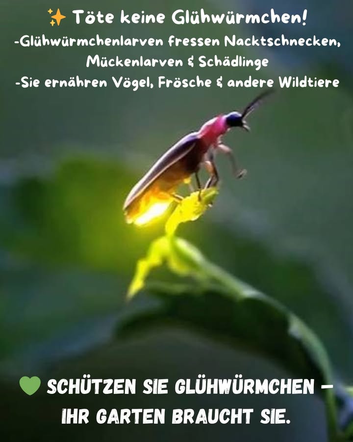 Schütze diese magischen Gartenhelfer  die Glühwürmchen! 

 Warum Glühwürmchen so wichtig sind:
 Sie schaden deinen Pflanzen nicht
 Ihre Larven fressen Schnecken, Mückenlarven und andere Schädlinge
 Sie fördern einen gesunden Boden und helfen bei der Erosionskontrolle
 Sie dienen als Nahrung für Vögel, Frösche und viele weitere Tiere

 Achtung: Pestizide und Herbizide töten Glühwürmchen und ihre im Boden lebenden Jungtiere.

 Wer Glühwürmchen schützt, schützt das gesamte Gartenökosystem.

 Lass sie leuchten  die Natur zählt auf dich.