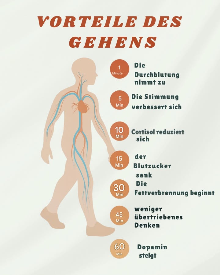 Vorteile des Gehens 

1 Nach 1 Minute  Die Durchblutung steigt, und der Körper beginnt sich aufzuwärmen.

2 Nach 5 Minuten  Die Stimmung verbessert sich, und der Geist wird ausgeglichener.

3 Nach 10 Minuten  Das Stresshormon Cortisol beginnt zu sinken.

4 Nach 15 Minuten  Der Blutzuckerspiegel stabilisiert sich, und der Stoffwechsel reguliert sich.

5 Nach 30 Minuten  Der Körper beginnt mit der Fettverbrennung.

6 Nach 45 Minuten  Grübeleien nehmen ab, und der Geist kommt zur Ruhe.

7 Nach 60 Minuten  Der Dopaminspiegel steigt, was Glücksgefühle und Wohlbefinden fördert.

 Regelmäßiges Gehen stärkt den Körper, beruhigt den Geist und verbessert die Gesundheit auf natürliche Weise.