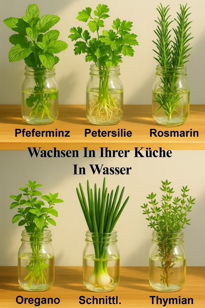 6 Kräuter, die im Wasser wachsen Ganz ohne Erde! 

1 Minze  Wächst schnell. Verwende Zweige mit Knoten und klares Wasser.
2 Petersilie  Stängel ins Wasser stellen. Alle 2 Tage wechseln.
3 Rosmarin  Wächst langsam. Nur feste, gesunde Zweige verwenden.
4 Oregano  Bildet leicht Wurzeln. Braucht viel Sonne.
5 Schnittlauch  Verwende den Wurzelansatz. Wächst in wenigen Tagen nach.
6 Thymian  Liebt Licht und frisches Wasser.

 Tipps:
 Gefiltertes Wasser verwenden.
 Wasser regelmäßig erneuern.
 Heller Standort mit indirektem Licht ist ideal.

 Eine Mini-Kräuterecke  selbst ohne Garten möglich!