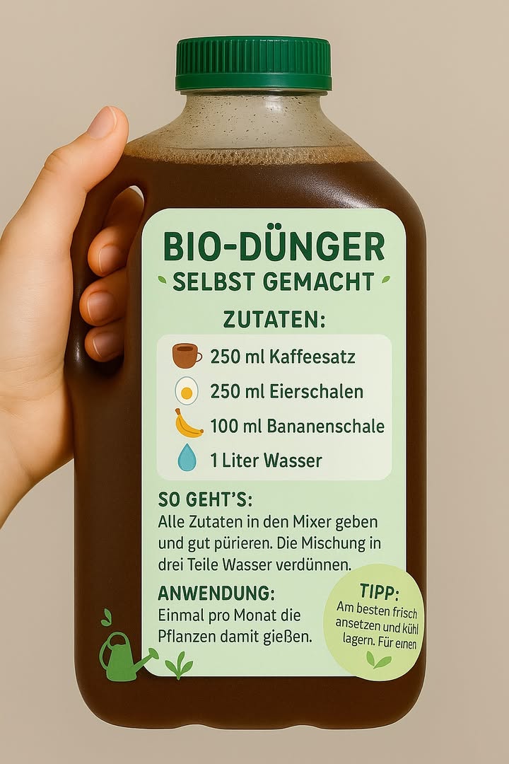 Hausgemachter Bio-Dünger: So werden deine Pflanzen richtig happy! 

1 Zutaten sammeln
Halbe Tasse Kaffeesatz, halbe Tasse zerdrückte Eierschalen, halbe Tasse Bananenschalen und ein Liter Wasser  klingt fast wie ein seltsamer Smoothie, oder? Keine Sorge, der ist nur für deine Pflanzen!

2 Alles mixen
Alles ab in den Mixer mit dem Wasser! Kurz vorwarnen: Es riecht ein bisschen besonders. Aber wer schön sein will, muss leiden  das gilt auch für den Garten.

3 Richtig verdünnen
Ganz wichtig: Nicht pur auf die Pflanzen kippen! Einen Teil Dünger mit drei Teilen Wasser mischen. Wer diesen Schritt überspringt, wundert sich schnell über gelbe Blätter.

4 Ab aufs Beet
Gieß die Pflanzen einmal im Monat mit der Mischung. Du wirst staunen, wie grün und kräftig sie werden! Und wenn was übrig bleibt: Einfach in einem geschlossenen Behälter im Kühlschrank lagern und bitte nicht aus Versehen als Eiskaffee trinken!.

5 Kleiner Tipp
Nicht für sehr junge oder empfindliche Pflanzen verwenden, sonst gibts vielleicht lange Gesichter. Und übertreibs nicht mit der Menge  weniger ist oft mehr!

Schon mal versucht und plötzlich stand der Kaffeebecher im Kühlschrank neben dem Dünger? Keine Sorge, du bist nicht allein!