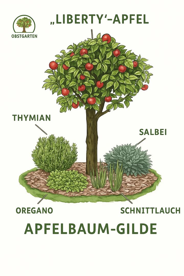 Die Apfelbaum-Gilde 

1 Zentraler Baum
Der Liberty-Apfel bildet den Mittelpunkt der Gilde. Er liefert Früchte und profitiert von den unterstützenden Pflanzen am Boden.

2 Thymian
Thymian wirkt als Bodendecker, reduziert Unkraut und schützt den Boden vor Austrocknung. Gleichzeitig hält er Schädlinge fern.

3 Oregano
Oregano stärkt die Bodenstruktur und zieht nützliche Insekten an. Er unterstützt das ökologische Gleichgewicht rund um den Baum.

4 Salbei
Salbei wehrt schädliche Insekten ab und dient als aromatische Heilpflanze. Seine Anwesenheit stärkt die Gesundheit des gesamten Systems.

5 Schnittlauch
Schnittlauch vertreibt durch seinen Geruch Schädlinge wie Blattläuse und wirkt positiv auf das Wachstum des Apfelbaums.

 Diese Pflanzengemeinschaft sorgt für ein stabiles, gesundes Umfeld und fördert sowohl Ertrag als auch Nachhaltigkeit im Obstgarten.