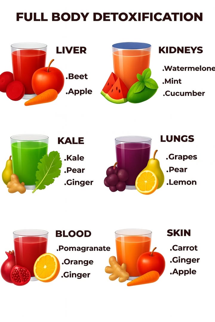 Full-Body Detox: Natural Healing for Every Organ 塞

In todays modern world filled with stress and toxins, detoxing your body is more important than ever. This guide shows you how to cleanse and strengthen each organ system using natural foods. 

Liver Detox 
Goals: cleanse, regenerate, support metabolism
Recommended foods:

Beetroot: packed with antioxidants

Carrots: boost liver function

Apples: bind and flush out pollutants

Kidney Cleanse 
Goals: hydration, natural detox
Recommended foods:

Watermelon: natural diuretic

Cucumber: high water content

Mint: supports kidney function

Gut Regeneration 塞
Goals: improve digestion, balance the microbiome
Recommended foods:

Kale: rich in prebiotic fiber

Pears: gentle on the digestive system

Ginger: powerful anti-inflammatory

Lung Cleansing 
Goals: respiratory health, stronger immunity
Recommended foods:

Grapes: antioxidant support

Pears: help clear mucus

Lemon: vitamin C booster

Blood Purification 
Goals: detoxify, improve circulation
Recommended foods:

Pomegranate: natural blood cleanser

Oranges: immune support

Ginger: stimulates blood flow

Skin Care 凌
Goals: cell renewal, natural detox
Recommended foods:

Carrots: rich in beta-carotene

Ginger: anti-inflammatory benefits

Apples: detoxifying effect

Key Detox Tips 

Drink plenty of water

Combine foods wisely

Choose organic whenever possible

Exercise regularly

Reduce sugar and alcohol intake

 Final Note
A targeted diet can truly work wonders for your organs. With the right natural foods, you help your body cleanse, heal, and restore balance. Listen to your body, stay consistent, and enjoy the process of renewal! 
#fblifestyle