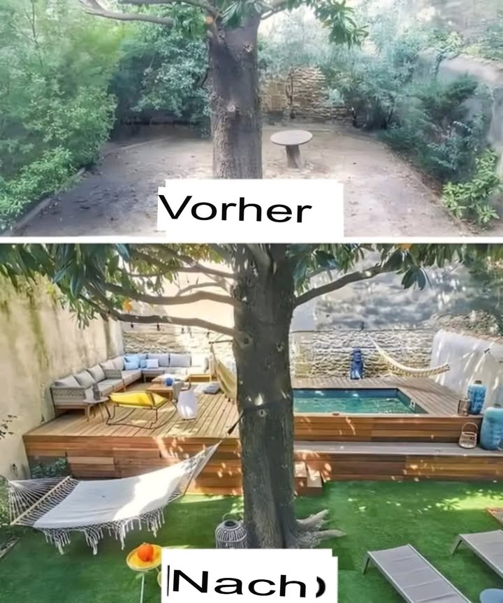 Transformation von Außenbereichen: Eine Fallstudie

Die Schaffung eines schönen Außenwohnbereichs kann den Wert und den Genuss eines Hauses erheblich steigern. Das Bild zeigt ein überzeugendes Beispiel für diese Transformation und veranschaulicht, wie durchdachtes Design und Landschaftsgestaltung einen untergenutzten Raum erneuern können.

Vorher: Der ursprüngliche Raum
Im Abschnitt Vorher sehen wir einen relativ leeren Bereich mit minimaler Möblierung und wenigen natürlichen Elementen. Der Raum bietet:

Dünne Vegetation: Das spärliche Grün bietet gewisse natürliche Schönheit, fehlt jedoch an Struktur und Nutzbarkeit.

Begrenzte Möbel: Eine einfache Bank zeigt wenig Interesse an sozialer Interaktion oder Entspannung.

Uninspirierende Atmosphäre: Der allgemeine Eindruck ist rustikal und wenig inspirierend, mit wenig Zweck außer einer grundlegenden Nutzung.

Nachher: Die erneuerte Oase
Der Abschnitt Nachher zeigt eine erstaunliche Transformation. Zu den wichtigsten Merkmalen gehören:

Outdoor-Lounge-Bereich: Eine bequeme Sitzordnung mit eleganten Kissen schafft einen einladenden Raum zum Entspannen und für soziale Treffen.

Terrasse und Pool: Die Hinzufügung einer Holzterrasse und eines Schwimmbereichs steigert die Funktionalität und verwandelt den Bereich in ein erholsames Rückzugsgebiet.

Landschaftlicher Rasen: Der Einsatz von Kunstrasen und organisierten Pflanzen trägt dazu bei, eine ästhetisch ansprechende Umgebung zu schaffen, die wenig Pflege benötigt.

Künstlerische Akzente: Dekorative Elemente wie eine Hängematte und lebendige Accessoires verleihen dem Raum Charakter und Wärme, wodurch er noch mehr wie ein Zuhause wirkt.

Vorteile von Außenrenovierungen

Verbesserte Ästhetik: Ein gut gestalteter Außenbereich ist visuell ansprechend und kann den Gesamtwert der Immobilie steigern.

Erhöhte Nutzbarkeit: Die Umgestaltung eines Außenbereichs in einen funktionalen Raum ermöglicht eine vielseitige Nutzung, von der Unterhaltung von Gästen bis hin zum Genießen ruhiger Momente.

Verbessertes Wohlbefinden: Der Zugang zu einem schön gestalteten Außenbereich fördert Aktivitäten im Freien und Entspannung, was sich positiv auf die geistige Gesundheit auswirkt.

Fazit
Diese Vorher-Nachher-Transformation erinnert uns an das verborgene Potenzial in vernachlässigten Außenbereichen. Mit Kreativität und durchdachter Planung können selbst die einfachsten Bereiche in wunderschöne Rückzugsorte verwandelt werden, die die Lebensqualität der Hausbesitzer und Gäste verbessern.

Dieser Artikel hebt die Bedeutung von Renovierungen im Außenbereich hervor und zeigt die transformative Wirkung von Designentscheidungen. Wenn du mehr über spezifische Design-Tipps oder Trends erfahren möchtest, zögere nicht, nachzufragen!