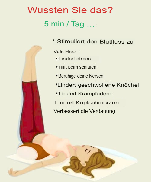 Beine für einige Minuten pro Tag hochlegen kann Ihr Wohlbefinden verbessern 
Fördert den venösen Rückfluss zum Herzen
Hilft, Verspannungen zu lösen und Stress abzubauen
Fördert einen erholsamen Schlaf
Beruhigt die Nerven und entspannt den Körper
Verringert Schwellungen an den Knöcheln
Lindert das Gefühl schwerer Beine und Krampfadern
Reduziert einige Arten von Kopfschmerzen
Trägt zu einer besseren Verdauung bei