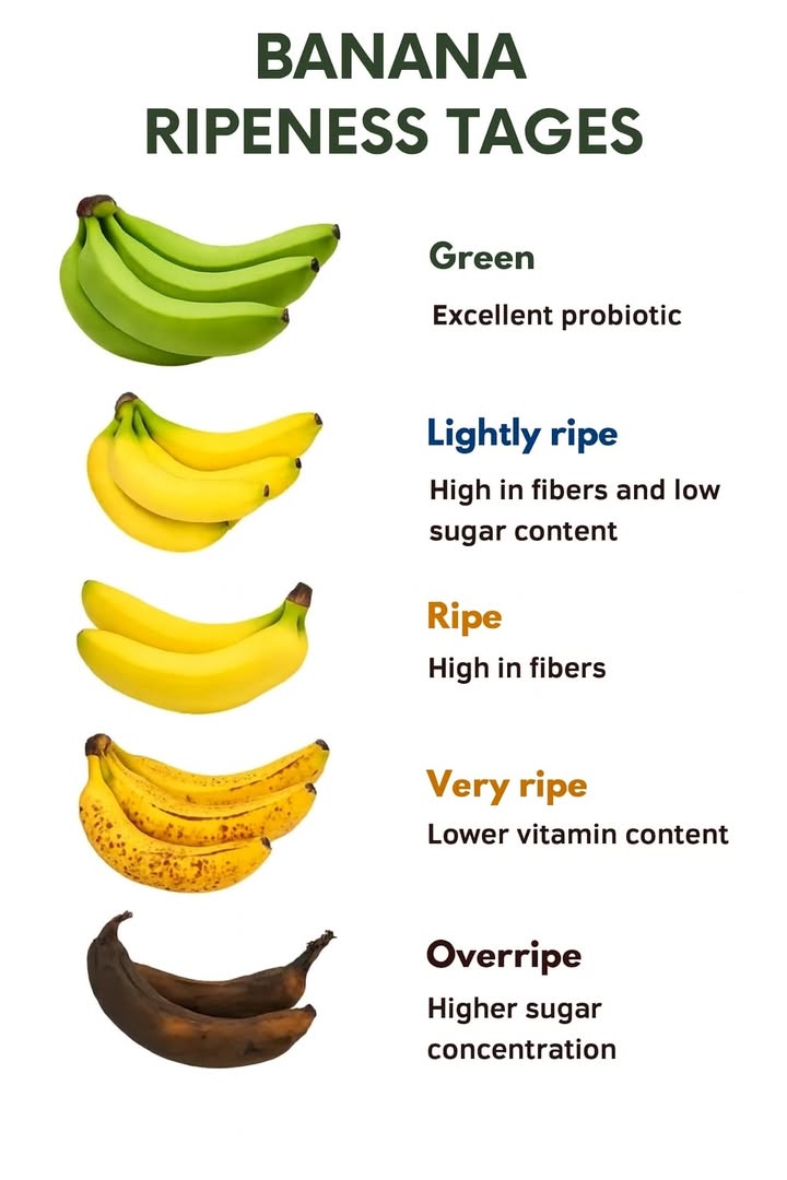 Banana ripening stages 

1 Green unripe
A good source of prebiotics, though its firm texture can be harder to digest for some people.

2 Almost ripe
High in fiber and low in sugar, a good choice for those looking for satiety.

3 Ripe
Softer texture, balanced sweetness, and still rich in fiber.

4 Very ripe
Slightly lower in vitamins, but still nutritious and easy to digest.

5 Overripe
Highest sugar content, perfect for cakes, smoothies, and natural desserts.