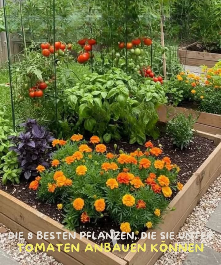 Die 8 besten Pflanzen, die man zusammen mit Tomaten anbauen kann 
1. Basilikum  Verbessert den Geschmack der Tomaten und hält schädliche Insekten fern 
2. Petersilie  Lockt nützliche Insekten wie Bienen an 
3. Ringelblume Calendula  Schützt vor Blattläusen und Nematoden 
4. Knoblauch  Wirkt als natürlicher Schutz gegen bodenlebende Schädlinge 龍
5. Spinat  Wächst gut im Schatten der Tomaten und sorgt für Feuchtigkeit im Boden 
6. Kopfsalat  Nutzt den Schattenplatz und bedeckt zugleich den Boden 綾
7. Karotten  Nutzen den Platz effizient und lockern die Erde auf 凌
8. Schnittlauch  Vertreibt Blattläuse und stärkt die Gesundheit der Tomatenpflanzen 
Diese Pflanzen fördern ein gesundes, ertragreiches Umfeld für deine Tomaten!