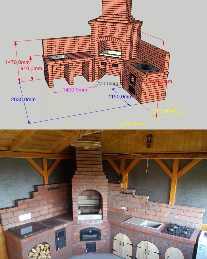 Rustikale Gartenküche aus Ziegelstein  Handwerk trifft Gemütlichkeit 

Diese beeindruckende Gartenküche zeigt, wie traditionelles Handwerk und modernes Outdoor-Design perfekt miteinander harmonieren. Das obere Bild veranschaulicht die präzise Bauplanung  jede Maßangabe wurde sorgfältig berechnet, um eine funktionale und ästhetische Einheit zu schaffen.

Im unteren Foto erwacht der Entwurf zum Leben: Eine voll ausgestattete Außenküche aus roten Ziegelsteinen mit integriertem Holzofen, Grill, Kochplatten und Spülbecken. Die Kombination aus Backofen, Grillkammer und Holzlager bietet alles, was man für gesellige Abende im Freien braucht.

Die Holzdetails, das warme Ziegelrot und die harmonische Integration unter dem Holzpavillon schaffen eine behagliche Atmosphäre  perfekt für Sommerabende mit Freunden oder ein gemütliches Familienessen im Freien.

 Ein echtes Meisterwerk für alle, die Kochen, Handwerk und Natur vereinen möchten  robust, schön und funktional zugleich.