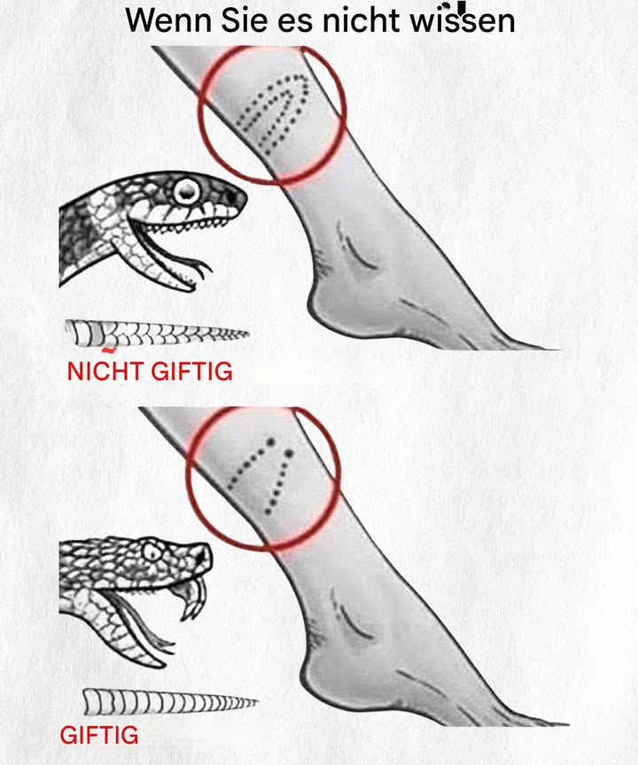 Unterschiede zwischen giftigen und ungiftigen Schlangen: Erkennen und sicher bleiben 

1 Bissmuster
Ungiftige Schlangen hinterlassen zwei Reihen kleiner Punkte, da sie nur kleine Zähne besitzen.
Giftige Schlangen hinterlassen meist zwei tiefere Einstiche in V-Form durch ihre Giftzähne.

2 Verhalten
Giftige Schlangen zeigen oft ein defensives und aggressives Verhalten, blähen den Körper auf, geben Warnlaute ab oder greifen schnell an.
Ungiftige Schlangen versuchen häufiger zu fliehen, bevor sie zubeißen.

3 Kopfform
Giftige Schlangen haben meist einen dreieckigen Kopf, breiter als der Körper, wegen der Giftdrüsen.
Ungiftige Schlangen besitzen eine rundere Kopfform mit sanftem Übergang zum Körper. Manche ungiftige Arten können den Kopf jedoch abflachen, um gefährlicher zu wirken.

4 Weitere Merkmale
Giftige Schlangen haben oft senkrechte Pupillen, während ungiftige runde Pupillen besitzen.
Einige giftige Arten zeigen auffällige Farben, doch dies gilt nicht als feste Regel.
Die Kenntnis der in der eigenen Region vorkommenden Arten erleichtert die Einschätzung.

5 Verhalten bei Begegnung
Ruhig bleiben und nicht nähern.
Langsam zurückziehen, ohne hastige Bewegungen.
Keine Versuche, die Schlange zu fangen oder zu töten.
In ländlichen Gebieten feste Schuhe und Schutzkleidung tragen.

6 Verhalten bei Biss
Sofort medizinische Hilfe suchen.
Die betroffene Stelle nicht abbinden oder aufschneiden.
Kein Absaugen des Giftes versuchen.
Die betroffene Person ruhig und möglichst unbewegt halten.
Wenn möglich, den Fachkräften das Aussehen der Schlange beschreiben, jedoch keine Risiken eingehen.

 Die sichere Identifizierung sollte immer Fachleuten überlassen werden. Abstand halten ist die beste Vorsorge.