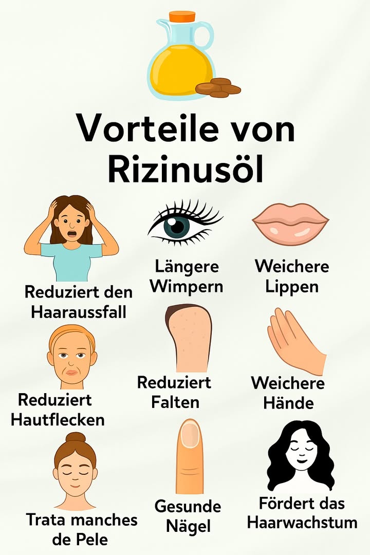Rizinusöl: Das natürliche Geheimnis für Schönheit und Wohlbefinden 

1 Kräftigeres Haar 
Reduziert Haarausfall und regt das Wachstum an: Eine Kopfhautmassage wirkt wie ein Training für die Haarfollikel. Oft denkt man jedoch erst daran, wenn die Haare schon auf dem Kissen liegen.

2 Traumhafte Wimpern 
Mit einem sauberen Bürstchen aufgetragen, macht es die Wimpern dichter und widerstandsfähiger. Geduld ist nötig  eine Nacht reicht nicht aus, um sich in Bambi zu verwandeln.

3 Weiche Lippen 
Ein einfaches Mittel gegen Trockenheit. Besonders im Winter, wenn der eisige Wind das Lächeln rauben will.

4 Elastische Haut 
Dank Fettsäuren und Vitamin E hilft es, Fältchen zu mildern. Keine Magie, sondern Beständigkeit  gelegentliche Anwendung genügt nicht.

5 Tschüss Cellulite 
Regelmäßig einmassiert, unterstützt es die Durchblutung und macht die Haut glatter. Soforteffekte gibt es nicht, Ausdauer ist entscheidend.

6 Samtweiche Hände 爐
Ideal bei Rissen und trockener Haut. Ein natürlicher Verbündeter, anstelle der typischen Handcreme, die oft ungenutzt bleibt.

7 Hellere Hautflecken 
Gleicht den Hautton aus und mindert kleine Verfärbungen. Wundere dich nicht über fehlende Wunder in zwei Tagen  die Haut liebt Routine.

8 Starke Nägel 
Pflegt Nagelhaut und Nägel, schützt vor Brüchigkeit und Rissen. Besonders hilfreich nach zu häufigem Entfernen von Nagellack.

Rizinusöl ist ein kleiner Schatz, den man immer im Haus haben sollte: schlicht, natürlich und vielseitig einsetzbar.