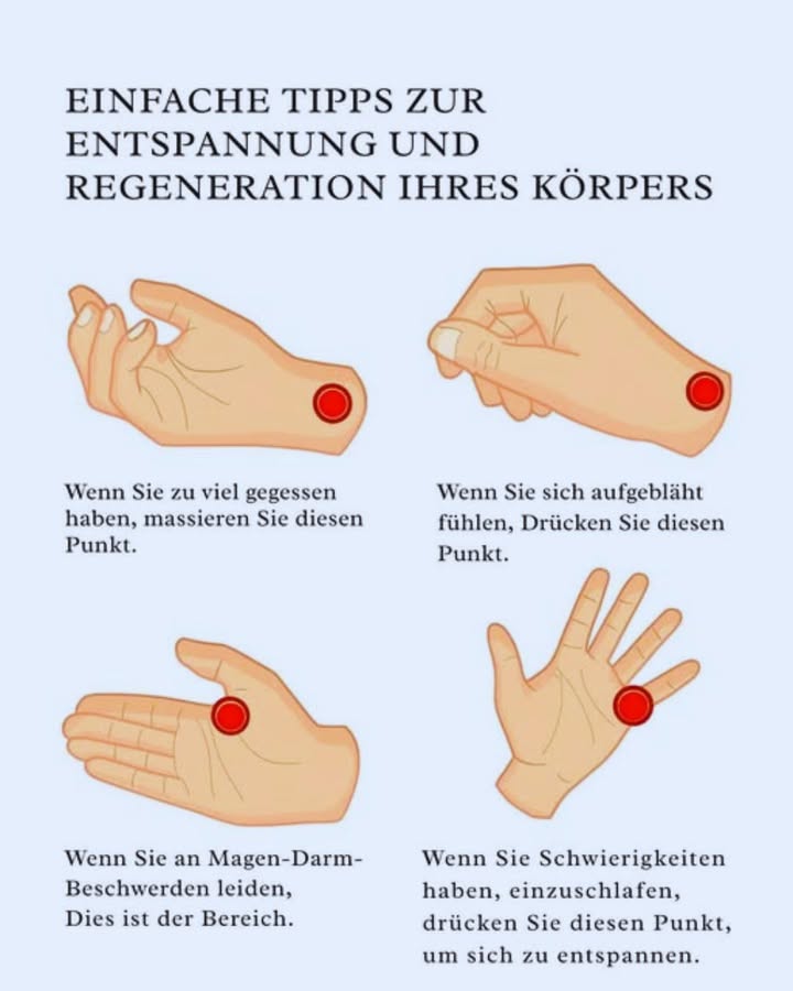 Sanfte Akupressur: Schritt-für-Schritt-Anleitung
1 Einführung
Freundlich und informativ  einfache Akupressur-Gesten für Wohlbefinden.
2 Verdauung nach dem Essen
Drehe sanften Druck am Punkt unter dem Brustbein, 12 Minuten zirkulär.
3 Blähungen lindern
Drücke fest, aber sanft über dem Bauchnabel, mehrmals am Tag.
4 Bauchbeschwerden beruhigen
Bewege kreisend am unteren Brustbein zwischen den Rippen, langsam atmen.
5 Entspannung und Schlaf
Druck am inneren Handgelenk, je 1 Minute pro Seite, ruhig atmen.
6 Sicherheitstipps
Sanft drücken, Umgebung ruhig halten, bei Schmerzen absetzen.
Abschluss: Bleib geduldig  regelmäßige Praxis unterstützt dich spürbar!