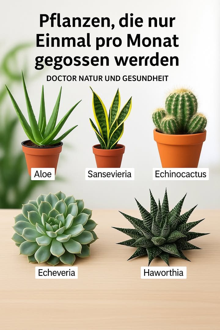 Pflanzen für Vergessliche: Nur einmal im Monat gießen 
Du hast wenig Zeit oder vergisst oft, deine Pflanzen zu gießen? Kein Problem  es gibt besonders robuste Pflanzenarten, die Wasser speichern und kaum Pflege benötigen. Ideal für warme Klimazonen oder Gartenanfänger.
Hier sind 5 Pflanzen, die nur einmal im Monat gegossen werden müssen:

 Aloe Vera  speichert Wasser in ihren dicken Blättern
 Sansevieria Schwiegermutterzunge  übersteht Trockenheit mühelos
 Igelkaktus  ein echter Wüstenklassiker
 Echeveria  dekorative und äußerst robuste Sukkulente
 Haworthia  kleine, widerstandsfähige Zierpflanze

Diese Pflanzen sind schön, pflegeleicht und nahezu unverwüstlich