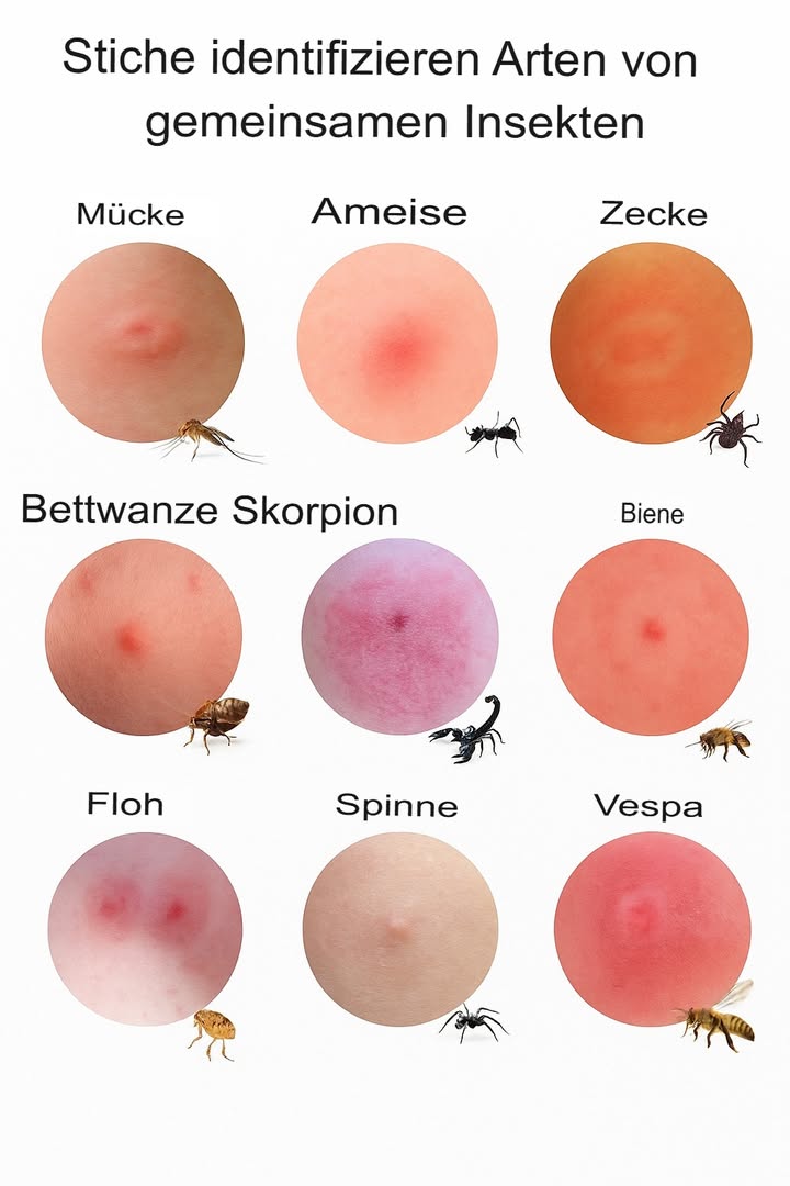 Ganzheitlicher Leitfaden: So erkennen und behandeln Sie Insektenstiche

Insektenstiche können sehr unangenehm sein oder sogar gefährlich werden, wenn man nicht schnell reagiert. Ein gutes Wissen über die verschiedenen Arten von Mückenstichen und -bissen hilft dir, die Situation richtig einzuschätzen und entsprechend zu handeln. Ich begleite dich Schritt für Schritt dabei!

里 1. Beobachte deine Haut genau
Der erste Schritt ist, die Stelle des Bisses oder Stiches sorgfältig zu betrachten. Achte auf Form, Farbe und auftretende Symptome wie Juckreiz oder Schmerzen. Jedes Insekt hinterlässt oft charakteristische Merkmale.

里 2. Erkenne die wichtigsten Symptome

Runde Schwellung, Juckreiz und ein Punkt in der Mitte: Mückenstich
Kleine rote Stelle mit Brennen: Ameisenbiss
Roter Kreis mit dunklerem Zentrum, flach bei Berührung: Zecke
Gruppen von Stechstellen in einer Reihe, juckend: Bettwanzen
Schmerzvolle Schwellung, dunkles Zentrum: Skorpionstich
Runde, schmerzhafte Schwellung mit weißem Zentrum: Bienenstich
Stark juckende, beißende Stiche, meist an Knöcheln und Beinen: Flöhe
Geschwollene, erhöhte Schwellung mit blassem Zentrum: Spinnenbiss
Starke Rötung, mit weißlichem Mittelpunkt, schmerzhaft: Wespenstich
里 3. Bewerte die Schwere der Reaktion
Wichtig ist, zu prüfen, ob schwerwiegende allergische Reaktionen auftreten, etwa Atemnot, extensive Schwellungen oder Fieber. Bei solchen Anzeichen solltest du sofort einen Arzt aufsuchen.

里 4. Behandlung des Bisses oder Stiches
Zur Linderung kannst du:

Einen Eisbeutel auf die Stelle legen, um Schwellung und Schmerz zu vermindern
Antihistamin- oder kühlende Lotionen verwenden
Bei starken Schmerzen oder schweren Reaktionen sofort einen Arzt kontaktieren
里 5. Prävention ist entscheidend
Verwende Insektenschutzmittel, halte Außenbereiche sauber, und kontrolliere Kleidung sowie Haustiere nach einem Aufenthalt im Freien.

里 6. Überwache deine Symptome
Falls sich die Symptome verschlimmern oder andere systemische Reaktionen wie Fieber auftreten, solltest du umgehend medizinische Hilfe suchen.

Denke daran: Jeder Mensch reagiert unterschiedlich auf Insektenstiche. Das Wissen um die verschiedenen Erscheinungsbilder hilft dir, schnell zu handeln und dich bestmöglich zu schützen.

Bleib immer vorbereitet: Eine gute Info macht den Unterschied. Viel Erfolg und bleib ruhig!