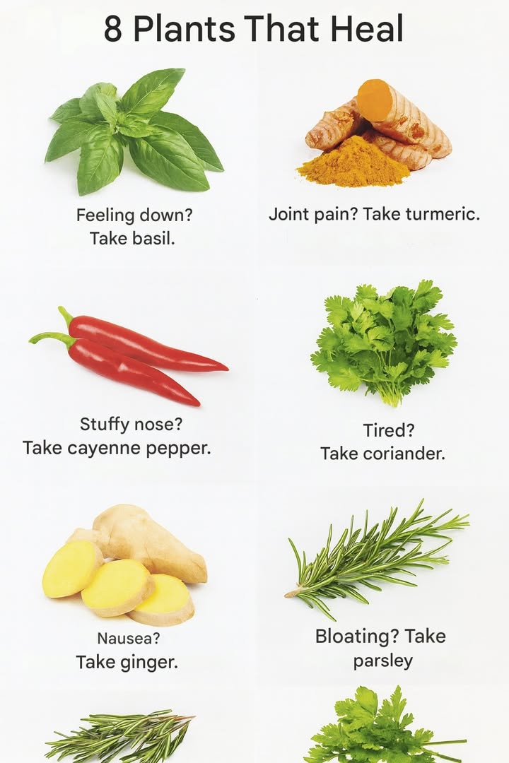 8 Healing Plants

Low mood  have some basil
Joint pain  try turmeric
Stomach cramps  use mint
Nasal congestion  add cayenne pepper
Fatigue  go for cilantro
Nausea  take ginger
Cough  try rosemary
Gas or bloating  use parsley