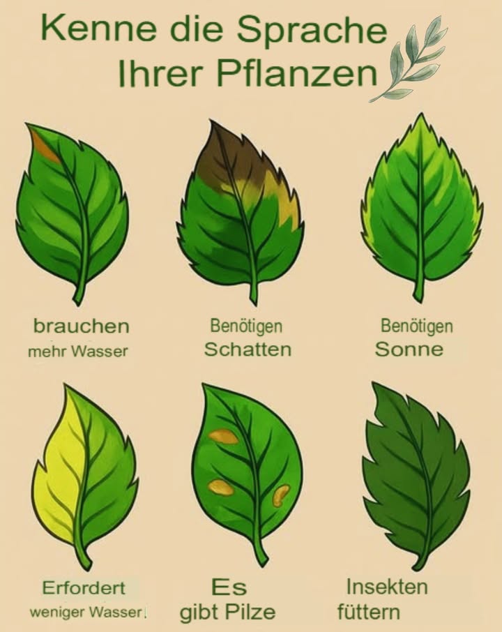 Den Gesundheitszustand deiner Pflanzen erkennen: Ein einfacher Leitfaden
1 Trockene oder brüchige Blätter
Wenn die Blätter trocken oder spröde sind, fehlt deiner Pflanze wahrscheinlich Wasser. Gieße sie regelmäßig, aber vermeide Staunässe.
2 Verbrannte oder vergilbte Blätter
Blätter, die braun werden oder gelblich erscheinen, deuten auf zu viel Sonnenlicht hin. Stelle die Pflanze an einen schattigeren Ort oder schütze sie vor direkter Sonne.
3 Weiche Stängel und blasse Blätter
Wenn die Stängel weich sind und die Blätter blass aussehen, bekommt die Pflanze wahrscheinlich zu wenig Licht. Stelle sie an einen hellen, aber nicht direkt sonnigen Platz.
4 Gensamer Gelbfärbung
Wenn die gesamte Pflanze gelb wird, könnte Überwässerung die Ursache sein. Überprüfe die Wurzeln und lasse die Erde zwischen den Wassergaben gut trocknen.
5 Tropfen, Flecken oder Schimmel
Wenn du Tinten, moosartige Flecken oder Schimmel auf den Blättern oder im Boden siehst, leidet die Pflanze vielleicht an einer Pilzinfektion. Entferne befallene Stellen und sorge für gute Luftzirkulation.
6 Löcher oder sichtbare Insekten
Wenn du Löcher in den Blättern hast oder kleine Tiere siehst, sind wahrscheinlich Schädlinge am Werk. Bekämpfe sie schnell mit natürlichen Mitteln oder insektizider Seife.