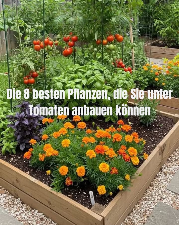 Die 8 besten Pflanzen, die man unter Tomaten anbauen kann:

1 Basilikum: Verbessert den Geschmack der Tomaten und hält schädliche Insekten fern.

2 Petersilie: Zieht nützliche Insekten wie Bienen an.

3 Ringelblume Calendula: Schützt vor Blattläusen und Nematoden.

4 Knoblauch: Wirkt als natürlicher Schutz gegen bodenlebende Schädlinge.

5 Spinat: Wächst gut im Schatten der Tomaten und hilft, die Feuchtigkeit im Boden zu halten.

6 Kopfsalat: Nutzt den Schatten und bedeckt gleichzeitig den Boden.

7 Karotten: Nutzen den Platz effizient und lockern den Boden auf.

8 Schnittlauch: Vertreibt Blattläuse und stärkt die Gesundheit der Tomatenpflanzen.

 Diese Pflanzen fördern eine gesunde und ertragreiche Umgebung rund um deine Tomaten!