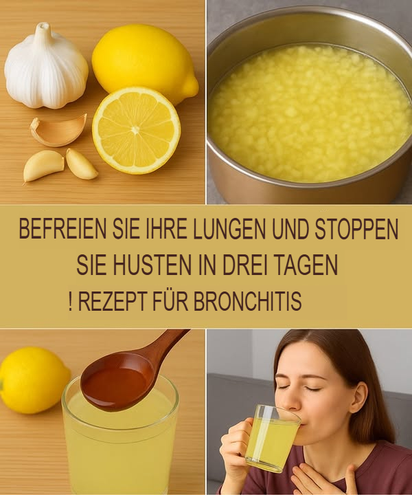 Hausgemachtes Getränk zum Lösen der Lungen in 3 Tagen  Tschüss Husten!

 Beginne damit, alle benötigten Zutaten bereit zu stellen:

1 frische Zitrone
4 bis 5 Knoblauchzehen
1 Esslöffel Honig
Ein großes Glas Wasser
龍 1. Schäle die Knoblauchzehen und zerdrücke sie.
Achte darauf, den Knoblauch gut zu pressen, damit seine Wirkstoffe freigesetzt werden.

 2. Erhitze das Wasser in einem kleinen Topf.
Das Wasser sollte heiß sein, aber nicht kochen, um die wichtigen Inhaltsstoffe zu bewahren.

 3. Gib den zerdrückten Knoblauch ins heiße Wasser und lasse es sanft 5 Minuten lang ziehen.
Dadurch kann sich die Wirkung der Inhaltsstoffe entfalten.

離 4. Nimm das Wasser vom Herd, presse den Zitronensaft hinein und füge den Honig hinzu.
Gut umrühren, damit sich alles schön verbindet.

 5. Lasse das Getränk etwas abkühlen, bis es warm, aber nicht heiß ist, und trinke es.
Es sollte angenehm warm sein, um die Wirkung zu maximieren.

壟 Anwendungstipps:
Trinke morgens auf nüchternen Magen und abends vor dem Schlafengehen ein Glas. Bereits ab dem zweiten Tag können erste positive Effekte spürbar sein!

Denk daran, dass dieses Hausmittel eine medizinische Beratung nicht ersetzt, vor allem bei anhaltendem Fieber oder chronischem Bronchitis. Es kann aber eine wertvolle Unterstützung sein!

Mach dich auf den Weg zu mehr Wohlbefinden. Bleib dran  deine Lunge wird es dir danken!