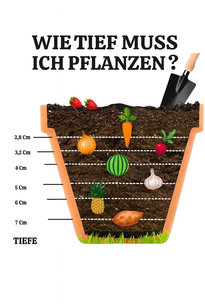 Pflanzanleitung für Blumenzwiebeln, Gemüse und Obst: die richtige Pflanztiefe für prächtige Blüten und reiche Ernten 凌

 5 cm tief pflanzen
 Blumenzwiebeln: Schneeglöckchen Galanthus, Krokusse, Iris
塞 Gemüse: Knoblauch Zehen mit der Spitze nach oben
 Obst: Ananaskrone leicht in die Erde gedrückt

 810 cm tief pflanzen
 Blumenzwiebeln: Traubenhyazinthen Muscari, Ranunkeln, Hyazinthen, Tulpen
凜 Gemüse: Zwiebeln, Kartoffeln zum Vorkeimen
 Obst: Bananentriebe, tief gesetzt für festen Halt

 1520 cm tief pflanzen
 Blumenzwiebeln: Narzissen, Zierlauch Allium, Lilien, Schachblumen
凌 Gemüse: Süßkartoffeln, Topinambur benötigen kräftige Wurzeln
 Obst: Weinreben junge Pflanzen tief setzen für starke Wurzeln

 Wichtige Tipps für alle Pflanzenarten
 Immer die richtige Ausrichtung beachten Zwiebeln und Kronen nach oben
 Den Pflanzabstand je nach Größe einhalten
 Erde mit Kompost oder Knochenmehl anreichern
 Nach dem Pflanzen wässern und bei Kälte mulchen

 Ideale Pflanzzeiten
 Herbst: Für Frühlingsblumen und robuste Wurzelgemüse
 Frühling: Für Sommerblüher, Erdbeeren, Melonen und wärmeliebende Pflanzen

凜 Mit der richtigen Pflanztiefe gedeihen Zwiebeln, Gemüse und Obst perfekt und schenken dir einen prachtvollen, ertragreichen Garten!