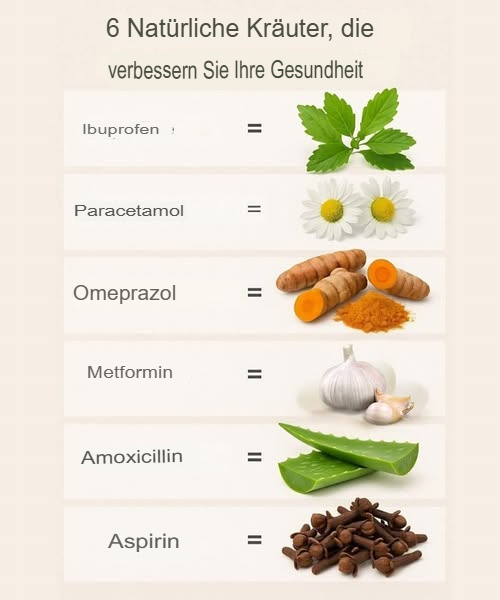 6 Natürliche Kräuter mit Superkräften für deine Gesundheit
Wenn du auf der Suche nach natürlichen Alternativen bist, die dich bei verschiedenen Beschwerden unterstützen, sind diese Kräuter wahre Geschenke der Natur. Sie können eine sanfte Ergänzung zu klassischen Behandlungsmethoden sein und dir helfen, dich besser zu fühlen.

1 Weißer Salzbaum Salicin
Er eignet sich als natürliche Alternative zu Ibuprofen, wirkt schmerzlindernd und entzündungshemmend.

2 Kamille
Diese beruhigende Pflanze wirkt wie Paracetamol, entspannt den Körper und fördert einen erholsamen Schlaf bei kleinen Beschwerden.

3 Kurkuma
Gegen Sodbrennen wirkt es ähnlich wie Omeprazol. Die enthaltene Curcumin schützt den Magen und unterstützt die Verdauung.

4 Knoblauch
Ein natürliches Mittel gegen hohe Blutzuckerwerte, ähnlich wie Metformin, und gut für die Herzgesundheit.

5  Aloe Vera
Unterstützt die Heilung bei Infektionen, wirkt bakterienhemmend und beruhigt Hautprobleme. Ideal bei Schnitten oder Hautreizungen.

6 Gewürznelken
Als milde Alternative zu Aspirin hilft das enthaltene Eugenol bei Schmerzen und Entzündungen.

Denke daran: Diese Kräuter sind wertvolle Helfer, ersetzen aber keinen Arztbesuch. Bei ernsthaften oder andauernden Beschwerden immer einen Fachmann konsultieren.

Gib deinen selbstgemachten Heilmitteln eine Chance  die Natur hat viel zu bieten! Viel Erfolg und Gesundheit!