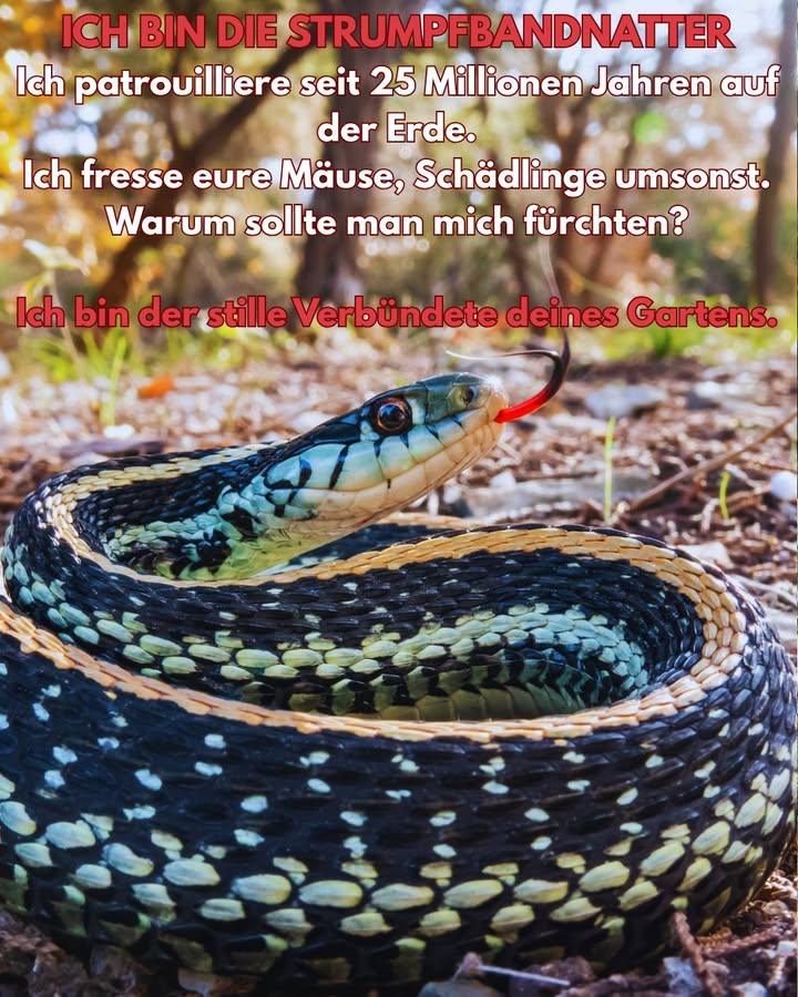 GARTERSCHLANGE: Die natürlichen Ungezieferbekämpfer!

Kostenlose Schädlingbekämpfung: Frisst jährlich über 100 Nacktschnecken, Engerlinge und Mäuse!

Keine Chemikalien nötig  natürliche Schädlingsbekämpfung.

Hält Rattenpopulationen in Schach und verhindert Blattlausausbrüche.
 ÖKOLOGISCHE HELDEN:

Nahrung für Falken, Eulen und Füchse.

Verbreitet Samen und kontrolliert invasive Arten.

Wohlfühlort im Kompost  Dein natürlicher Bodenbelüfter!
 HARMLOS & SCHÜCHTERN:

Nicht giftig und bei Bedrohung beißt nur.

Versteckt sich gerne in Mulch und unter Baumstämmen.
 VOM FEHLEN AUFGEFRESSEN:

Getötet durch Rasenmäher und Lebensraumverlust.

Wird oft mit giftigen Schlangen verwechselt  hilf, das Bewusstsein zu verbreiten!
 SCHÜTZE DEINE GARTENWÄCHTER:

Keine Pestizide!

Lass Holzstapel oder Steinmauern als Unterschlupf.

Lehre Kindern, dass ich ein Freund bin, kein Feind!

Überprüfe den Kompost vor dem Graben.

Wenn du mich siehst, lächle  dein Garten ist gesund!
Dein Garten braucht kein Gift  er braucht Leben!