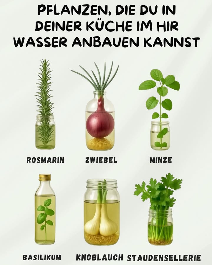 Pflanzen, die du in deiner Küche im Wasser anbauen kannst 

Nicht jeder hat einen großen Garten oder Balkon, um frische Kräuter und Gemüse anzubauen. Zum Glück gibt es eine einfache Möglichkeit, auch in der Küche für frisches Grün zu sorgen: Viele Pflanzen wachsen problemlos im Wasser nach. Alles, was du brauchst, sind Gläser oder kleine Gefäße, etwas Wasser und ein heller Standort.

 Welche Pflanzen eignen sich?
 Rosmarin

Rosmarin-Stecklinge können ins Wasser gestellt werden, bis sie Wurzeln bilden. Danach wachsen sie weiter und liefern aromatische Zweige für deine Küche.

暈 Zwiebel

Setzt man eine Zwiebel ins Wasser, treibt sie schnell grüne Triebe aus. Diese können wie Frühlingszwiebeln zum Garnieren oder Würzen verwendet werden.

 Minze

Ein Klassiker für Wasserkultur. Einfach ein paar Stecklinge in ein Glas stellen  schon nach kurzer Zeit bilden sich Wurzeln, und die Pflanze wächst kräftig weiter.

 Basilikum

Basilikum treibt im Wasser leicht neue Wurzeln. Besonders praktisch, wenn man frische Zweige aus dem Supermarkt hat  einfach ins Glas und weiter wachsen lassen.

龍 Knoblauch

Knoblauchzehen können im Wasser auskeimen und treiben grüne Sprossen. Diese sind milder als die Knolle selbst und eignen sich perfekt zum Würzen.

 Staudensellerie

Der untere Strunk von Sellerie wächst im Wasser nach. Mit der Zeit bildet er neue Stängel  ein toller Weg, Küchenreste nachhaltig zu nutzen.

 Tipps für den Erfolg

Wasser regelmäßig wechseln alle 23 Tage, damit es frisch bleibt.

Heller Standort am Fenster sorgt für kräftiges Wachstum.

Gefäße aus Glas sind ideal, da man die Wurzeln beobachten kann.

 Fazit

Mit dieser einfachen Methode kannst du jederzeit frische Kräuter und Gemüse in deiner Küche ziehen  ganz ohne Erde, Balkon oder Garten. So hast du immer eine kleine grüne Vorratskammer griffbereit und sparst dabei auch noch Geld.
