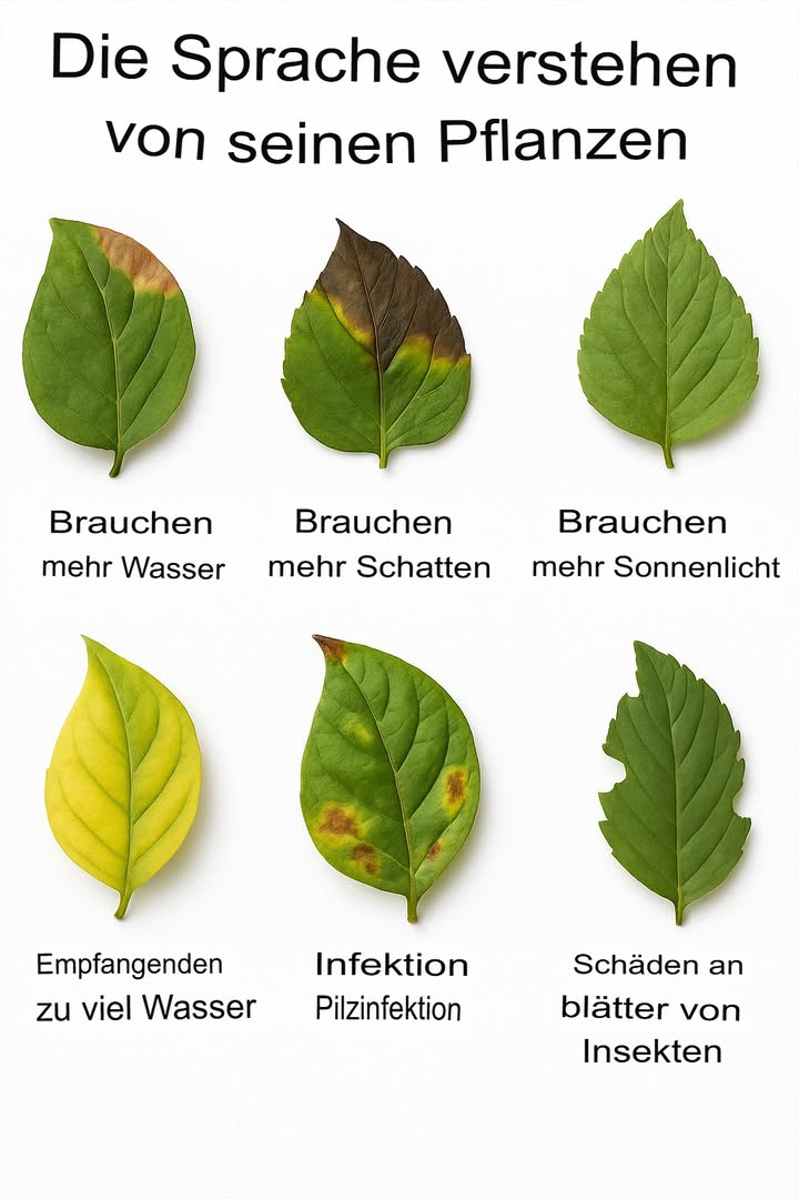 Signale, dass deine Pflanze Pflege braucht  Kurzcheck

1 Wasserversorgung prüfen

Trocken: Blätter schrumpfen, braune Ränder

Zu nass: Gelbe Blätter, matschige Wurzeln
 Fingerprobe  gießen, wenn oberste Erdschicht trocken ist.

2 Lichtverhältnisse anpassen

Zu viel: Sonnenbrand auf Blättern

Zu wenig: Blasse, langgezogene Triebe
 Heller, indirekter Platz oder zusätzliche Lichtquelle.

3 Luft & Feuchtigkeit kontrollieren

Schlechte Belüftung: Pilze, Schimmel
 Regelmäßig lüften, Luftzirkulation verbessern.

4 Staunässe vermeiden

Vergilbte Blätter, matte Pflanze
 Drainage sicherstellen, Erde leicht antrocknen lassen.

5 Auf Schädlinge achten

Flecken, Pünktchen, kleine Insekten
 Sanft entfernen, Neemöl oder Seifenwasser nutzen.

6 Pilzbefall erkennen

Weiße oder graue Beläge
 Mehr Luftzirkulation, befallene Blätter entfernen, ggf. Fungizid.

 Tipp: Tägliche kurze Kontrolle hilft, Probleme früh zu erkennen.