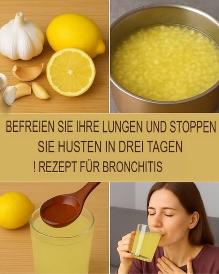 Hausgemachtes Getränk zum Lösen der Lungen in 3 Tagen  Tschüss Husten!
 Beginne damit, alle benötigten Zutaten bereit zu stellen:
1 frische Zitrone
4 bis 5 Knoblauchzehen
1 Esslöffel Honig
Ein großes Glas Wasser
龍 1. Schäle die Knoblauchzehen und zerdrücke sie.
Achte darauf, den Knoblauch gut zu pressen, damit seine Wirkstoffe freigesetzt werden.
 2. Erhitze das Wasser in einem kleinen Topf.
Das Wasser sollte heiß sein, aber nicht kochen, um die wichtigen Inhaltsstoffe zu bewahren.
 3. Gib den zerdrückten Knoblauch ins heiße Wasser und lasse es sanft 5 Minuten lang ziehen.
Dadurch kann sich die Wirkung der Inhaltsstoffe entfalten.
離 4. Nimm das Wasser vom Herd, presse den Zitronensaft hinein und füge den Honig hinzu.
Gut umrühren, damit sich alles schön verbindet.
 5. Lasse das Getränk etwas abkühlen, bis es warm, aber nicht heiß ist, und trinke es.
Es sollte angenehm warm sein, um die Wirkung zu maximieren.
壟 Anwendungstipps:
Trinke morgens auf nüchternen Magen und abends vor dem Schlafengehen ein Glas. Bereits ab dem zweiten Tag können erste positive Effekte spürbar sein!
Denk daran, dass dieses Hausmittel eine medizinische Beratung nicht ersetzt, vor allem bei anhaltendem Fieber oder chronischem Bronchitis. Es kann aber eine wertvolle Unterstützung sein!
Mach dich auf den Weg zu mehr Wohlbefinden. Bleib dran  deine Lunge wird es dir danken!