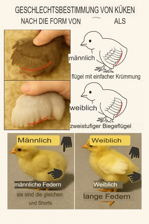 So unterscheiden Sie männliche und weibliche Küken anhand ihrer Federn: Ein kompletter Leitfaden für Züchter
Weibchen: rundere und gleichmäßigere Federn
Männchen: kürzere, spitzere Federn

連 Schwanzkontrolle:

Weibchen: kürzerer Schwanz

Männchen: längerer Schwanz mit ausgeprägteren Schwanzfedern

 Weitere Hinweise:

Verhalten: Männchen sind oft aktiver und dominanter

Größe: Männchen können etwas größer sein

Farbe: Bei einigen Rassen zeigen Männchen kräftigere Farben

 Optimaler Zeitpunkt: zwischen der 3. und 6. Lebenswoche, um die Unterscheidung möglichst genau vorzunehmen

 Wichtiger Tipp: Kombinieren Sie die Beobachtung von Federn, Größe und Verhalten, um zuverlässigere Ergebnisse zu erzielen.

Mit etwas Übung gelingt es Ihnen, männliche und weibliche Küken sicher auseinanderzuhalten!