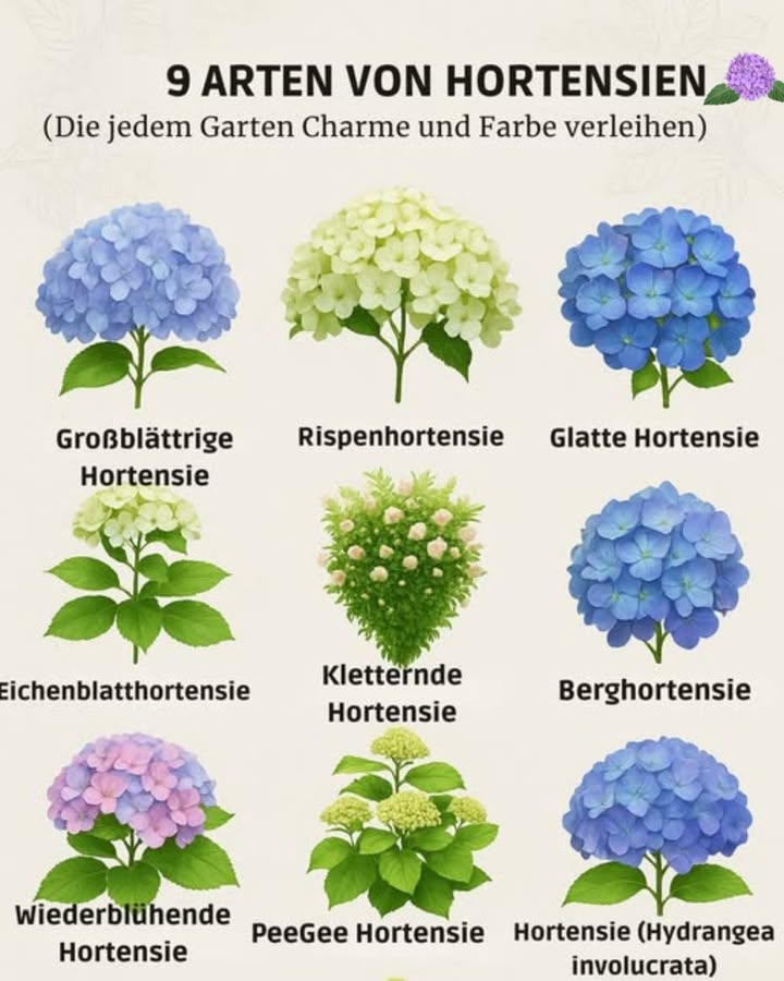 Die 9 schönsten Hortensien für Ihren Garten  auf einen Blick 

 1. Standortwahl:
Morgens Sonne, nachmittags Schatten  ideal für gesunde Blüten!

 2. Hortensien-Typ auswählen:
Wählen Sie passend zum Stil Ihres Gartens:

Bigleaf: Farben ändern sich je nach pH-Wert

Panicle: Winterhart, kegelförmige Blüten

Smooth: Groß, weiß, liebt Schatten

Oakleaf: Herbstfarben & markante Blätter

Climbing: Klettert an Zäunen & Pergolen

Mountain: Kompakt, perfekt für Kübel

Reblooming: Blüht mehrfach im Jahr

PeeGee: Baumähnlich formbar

Japanisch: Zarte Blüten, besondere Knospen

 3. Boden vorbereiten:
Lockern und mit Kompost verbessern  für kräftige Wurzeln.

 4. Einpflanzen:
Genügend Abstand lassen  Hortensien brauchen Platz zum Wachsen.

 5. Richtig gießen:
Feucht, aber nicht nass  besonders bei Hitze regelmäßig wässern.

 6. Pflege & Rückschnitt:
Verblühtes entfernen, alte Triebe schneiden  für frische Blütenpracht.

 7. Düngen:
Frühjahr und Sommer mit speziellem Hortensien-Dünger versorgen.

 8. Winterpflege:
Mit Mulch oder Gartenvlies abdecken, um Frostschäden zu vermeiden.

 9. Blüten genießen:
Farben, Duft & Vielfalt  Ihre Hortensien werden zum Blickfang!

 Mit ein wenig Pflege werden Ihre Hortensien jedes Jahr schöner  viel Spaß beim Gärtnern!