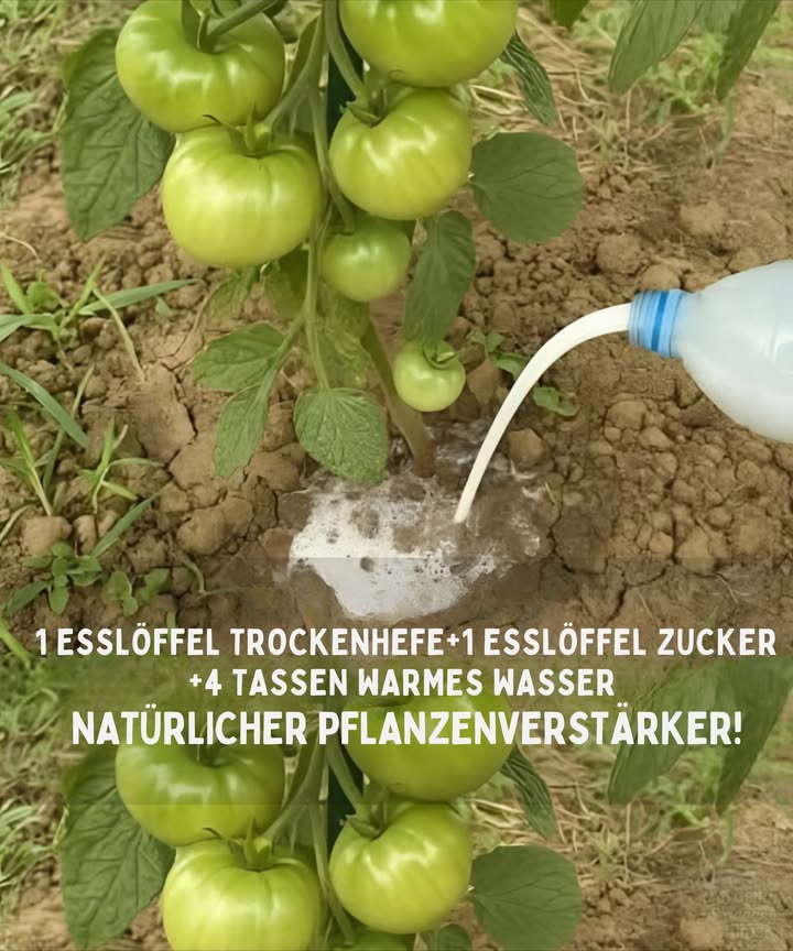 Mische 1 EL Trockenhefe  1 EL Zucker in 4 Tassen warmem Wasser.
2 Stunden stehen lassen, dann optional 1 Bananenschale pürieren und mit 5 Litern Wasser verdünnen.

Alle 15 Tage an den Wurzelbereich der Tomatenpflanzen gießen  dieser altbewährte Dünger sorgt für:

 Größere, saftigere Tomaten
 Stärkere Wurzelaktivität
 Natürlichen Kalium- und Magnesiumschub