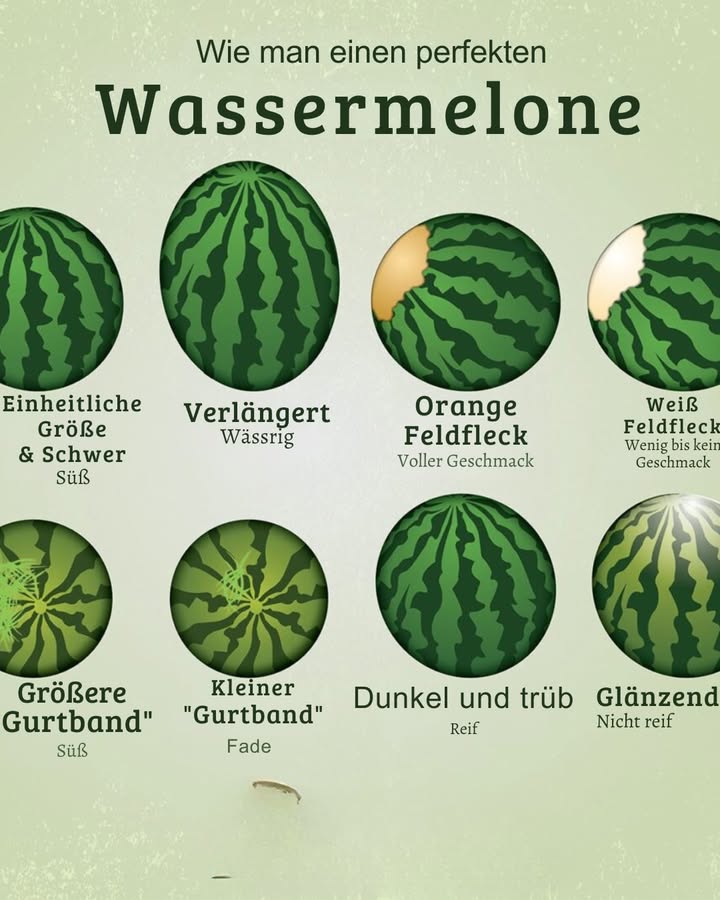 Der perfekte Wassermelonen-Detektiv: Schritt-für-Schritt Anleitung

Wassermelonen sind im Sommer die perfekte Erfrischung, doch die richtige Wahl kann manchmal knifflig sein. Keine Sorge! Mit diesen einfachen Schritten findest du garantiert eine saftige, süße Melone. Lass uns loslegen!

1 Gleichmäßige Form suchen
Wähle eine Melone, die weder ungleichmäßig noch buckelig ist. Sowohl runde als auch längliche Formen sind okay, solange die Oberfläche glatt ist.

2 Auf das Gewicht achten
Nimm den Melonen in die Hand  sie sollte schwer für ihre Größe sein. Das deutet auf viel Wasser und somit auf Süße hin.

3 Die Field Spot entdecken
Suche nach einem orangen, cremigen Fleck auf der Seite der Melone. Ein dunkler gelber Fleck ist ein Zeichen für reifen Geschmack, während ein weißer Fleck auf eine unreife Melone hinweist.

4 Webbing oder Zuckerspots beachten
Larger, webähnliche Flecken deuten auf viel Zucker hin, da die Melone während des Wachstums Zucker austritt. Kleine, helle Flecken sind weniger süß.

5 Auf die Oberfläche schauen
Von einem reifen Melonen sollte die Schale dunkel und matt aussehen. Ein glänzendes Äußeres weist auf Unreife hin.

6 Optik und Frische prüfen
Vermeide Melonen mit verschmutztem oder verfärbtem Oberflächenbild. Sauberkeit ist ein gutes Zeichen!

7 Sanft andrücken
Gib leicht Druck auf die Melone. Sie sollte leicht nachgeben, ohne einzuweichen  das zeigt, dass sie reif ist.

8 Probieren lohnt sich
Wenn du kannst, nimm einen kleinen Bissen und prüfe den Geschmack. Süßer und vollmundiger Geschmack zeigt, dass du die richtige Wahl getroffen hast!

Mit diesen Tipps bist du bestens gewappnet, um die perfekte Wassermelone zu finden. Viel Spaß beim Genießen und eine erfrischende Sommerzeit!