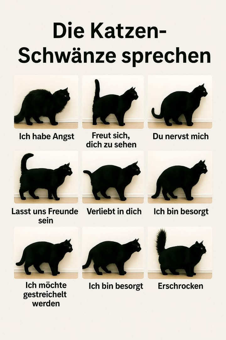 Die Sprache des Katzenschwanzes 

Der Schwanz ist das Gefühlsbarometer deiner Katze  wer ihn richtig liest, versteht ihre Stimmung.

 Aufgerichteter, buschiger Schwanz: Angst oder Bedrohung
 Hoch erhobener, entspannter Schwanz: Freude, freundlicher Gruß
 Schnelles Hin- und Herschlagen: Reizung oder Unbehagen
 Sanfte Krümmung wie ein Fragezeichen: Neugier, Kontaktbereitschaft
 Zitternde Schwanzspitze: starke Zuneigung und positive Aufregung
 Tief hängender oder eingeklemmter Schwanz: Unsicherheit, Stress oder Angst
 Um dich oder Gegenstände gewickelter Schwanz: Vertrauen und Nähe
 Heftiges Peitschen mit steifem Körper: Jagdmodus oder intensives Spiel

Schnelle Tipps
 Achte immer auf den Gesamtausdruck: Körperhaltung, Ohren, Pupillen und Laute helfen bei der Deutung.
 Respektiere seine Signale: Wenn die Katze angespannt ist, gib ihr Ruhe und Abstand.
 Verstärke ruhige Momente mit kurzen Streicheleinheiten und kleinen Belohnungen.

Den Schwanz richtig zu verstehen bedeutet, deine Katze besser zu lesen  und eure Bindung zu vertiefen.

 Extra-Tipp: Beobachte den Katzenschwanz beim Kuscheln  wenn die Spitze leicht zuckt oder sich sanft bewegt, ist das ein Zeichen von Glück und Geborgenheit. Deine Katze genießt den Moment  also weiterstreicheln!