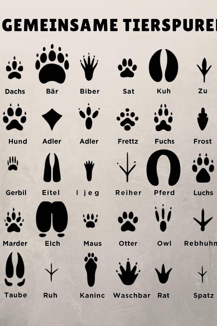 Werde ein Wildtier-Detektiv!  Spurenkunde für Einsteiger

 Pfoten & Hufe  Die Spur der Säugetiere:
說 Dachs  5 Zehen mit kräftigen Krallenabdrücken
 Bär  Große, menschenähnliche Abdrücke mit Fersenballen
嶺 Biber  Hinterpfoten mit Schwimmhäuten  kleine Vorderpfoten
 Katze  4 runde Zehen, ohne sichtbare Krallen eingezogen
 Kuh  Große gespaltene Hufe Paarhufer
 Hund  4 Zehen mit sichtbaren Krallen
簾 Frettchen  Kleine, 5-zehige Spuren mit Krallen
力 Fuchs  Ähnlich wie Hundespuren, aber schlanker und spitzer
 Wüstenrennmaus  Zarte Spuren; 4 Zehen vorn, 5 hinten
 Ziege  Schmale, gespaltene Hufe
璉 Igel  5 Zehen mit deutlich sichtbaren Krallen
 Pferd  Große, Hufeisen-förmige Einzehenspuren
 Luchs  Große runde Katzenpfote  wie Hauskatze, nur XXL
說 Baummarder  Kleine Spuren mit 5 Zehen und Krallen
龜 Elch  Riesenhafte Paarhufer-Spuren, größer als Rehe
 Maus  Winzige Abdrücke  Schleifspur vom Schwanz
簾 Otter  5-zehige Spuren mit Schwimmhäuten, oft im Schlamm
 Schwein  Runde Paarhufer-Spuren
 Kaninchen  Lange Hinterfüße, typische Hüpfermuster
劣 Waschbär  Wie winzige Menschenhände und -füße
 Ratte  Kleine Abdrücke  sichtbare Schwanzspur

 Vogelfußspuren  Die gefiederten Freunde:
 Krähe  4 Zehen: 3 nach vorn, 1 nach hinten
閭 Ente  Schwimmhäute, 3 Zehen nach vorn
礪 Adler  Große Abdrücke mit kräftigen Krallen
襁 Reiher  Schmale, lange Zehen
黎 Eule  2 Zehen vorn, 2 hinten  ganz besonders!
 Rebhuhn  3 kurze Zehen  kleiner Rückzeh
 Taube  Gleichmäßige, kleine Fußabdrücke
 Spatz  Winzige und zarte Spuren

年 Andere wilde Spuren  Faszinierende Ausnahmen:
 Frosch  Schwimmhäute, lange gespreizte Zehen
年 Eidechse  Winzige Pfoten  Schleifspur vom Schwanz
 Schlange  Keine Füße  aber ihre schlängelnden Spuren verraten sie!

 Extra-Tipp: Achte nicht nur auf die Abdrücke selbst  das Bewegungsmuster springen, schleichen, traben erzählt dir viel über das Verhalten des Tieres!