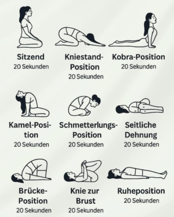 Morgen- oder Abenddehnungen: Schritt-für-Schritt leicht gemacht 
1 Starte sanft in den Tag  Leichte Dehnungen lockern Muskeln und bereiten den Körper vor.
2 Fokus auf Atmung  Tief durchatmen, rhythmisch ein- und ausatmen für bessere Entspannung.
3 Nacken- und Schulterbereich  Lockerung, um Verspannungen zu lösen und Kopffreiheit zu gewinnen.
4 Seitliche Rumpfdehnung  Bleibe locker, spüre die Länge im Oberkörper.
5 Vorwärtsbeuge  Sanft die Oberschenkelrückseite dehnen, Rücken egalisieren.
6 Sanfte Beinrotation  Kreisende Bewegungen stabilisieren Gelenke und Mobilität.
7 Langsame Abschlussübung  Langsam zurück zur Ruhe, Herzfrequenz normalisieren.
8 Regelmäßigkeit zählt  5 bis 10 Minuten täglich reichen für spürbare Ergebnisse.
Bleib dran  dein Körper wird es dir danken und du startest/frühst dich mit mehr Leichtigkeit in jeden Tag auf!