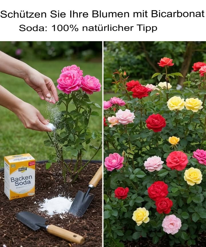 Schütze deine Blumen mit Natron: 100 % natürliche Gartenpflege

Ein Küchenhelfer mit großer Wirkung im Garten:

Stoppt Pilzkrankheiten: Echter Mehltau und Schwarzflecken haben dank der pilzhemmenden Wirkung von Natron keine Chance.

Hält Insekten fern: Blattläuse, Spinnmilben und andere Schädlinge mögen weder den Geruch noch die Textur.

Einfach herzustellen: 1 Esslöffel Natron  1 Liter Wasser = die perfekte Sprühlösung.

Regelmäßig anwenden: Alle 1 bis 2 Wochen aufsprühen, besonders bei feuchtem Wetter.

Für einen gesunden Garten: Schöne, kräftige Blumen  ganz ohne Chemie!