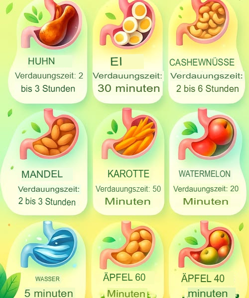 Verdauungszeiten im Überblick

 Obst & Gemüse

Wassermelone, Melone: 2030 Min.

Äpfel, Birnen, Trauben: 3040 Min.

Zitrusfrüchte: 3040 Min.

Rohes Gemüse: 3040 Min.

Gekochtes Gemüse: 4050 Min.

 Kohlenhydrate

Weißbrot, Reis, Pasta: 12 Std.

Vollkornprodukte: 2 Std.

Kartoffeln, Süßkartoffeln: 1,52 Std.

 Eiweiß

Eier: 3045 Min.

Magerer Fisch: 30 Min.

Fettiger Fisch: 4560 Min.

Hähnchen: 1,52 Std.

Rotes Fleisch: 34 Std.

Hülsenfrüchte: 23 Std.

燎 Milchprodukte

Milch, Joghurt: 12 Std.

Weichkäse: 2 Std.

Hartkäse: 45 Std.

樂 Nüsse & Samen

Nüsse: 23 Std.

Chia-, Leinsamen: 2 Std.

杻 Fette & Öle

Pflanzenöl: 30 Min.

Butter, Margarine: 23 Std.

磻 Getränke

Wasser: sofort

Säfte: 1530 Min.

Kaffee, Tee: 3045 Min.

 Verlangsamt die Verdauung: Große Portionen, ungünstige Kombinationen, Bewegungsmangel, Magenprobleme.