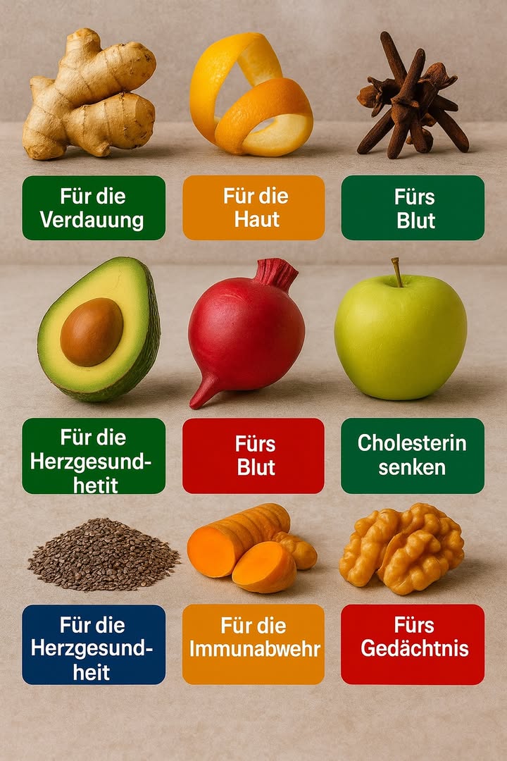 1. Frischer Ingwer   zur Verbesserung der Verdauung.
2. Orangenschale  , um die Haut aufzuhellen.
3. Gewürznelke   zur Linderung von Zahnschmerzen.
4. Avocado 陋  zur Anregung der Kollagenproduktion.
5. Rote Bete   zur Stärkung des Blutes.
6. Grüner Apfel   zur Senkung des Cholesterinspiegels.
7. Chiasamen   zur Unterstützung der Herzgesundheit.
8. Frische Kurkuma   zur Stärkung der Immunität.
9. Walnuss Walnusskerne 樂  zur Verbesserung des Gedächtnisses