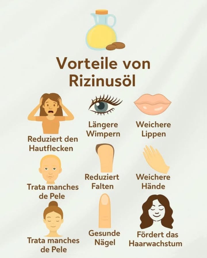Rizinusöl: Das natürliche Geheimnis für Schönheit und Wohlbefinden 
1 Kräftigeres Haar 
Reduziert Haarausfall und regt das Wachstum an: Eine Kopfhautmassage wirkt wie ein Training für die Haarfollikel. Oft denkt man jedoch erst daran, wenn die Haare schon auf dem Kissen liegen.
2 Traumhafte Wimpern 
Mit einem sauberen Bürstchen aufgetragen, macht es die Wimpern dichter und widerstandsfähiger. Geduld ist nötig  eine Nacht reicht nicht aus, um sich in Bambi zu verwandeln.
3 Weiche Lippen 
Ein einfaches Mittel gegen Trockenheit. Besonders im Winter, wenn der eisige Wind das Lächeln rauben will.
4 Elastische Haut 
Dank Fettsäuren und Vitamin E hilft es, Fältchen zu mildern. Keine Magie, sondern Beständigkeit  gelegentliche Anwendung genügt nicht.
5 Tschüss Cellulite 
Regelmäßig einmassiert, unterstützt es die Durchblutung und macht die Haut glatter. Soforteffekte gibt es nicht, Ausdauer ist entscheidend.
6 Samtweiche Hände 爐
Ideal bei Rissen und trockener Haut. Ein natürlicher Verbündeter, anstelle der typischen Handcreme, die oft ungenutzt bleibt.
7 Hellere Hautflecken 
Gleicht den Hautton aus und mindert kleine Verfärbungen. Wundere dich nicht über fehlende Wunder in zwei Tagen  die Haut liebt Routine.
8 Starke Nägel 
Pflegt Nagelhaut und Nägel, schützt vor Brüchigkeit und Rissen. Besonders hilfreich nach zu häufigem Entfernen von Nagellack.
Rizinusöl ist ein kleiner Schatz, den man immer im Haus haben sollte: schlicht, natürlich und vielseitig einsetzbar